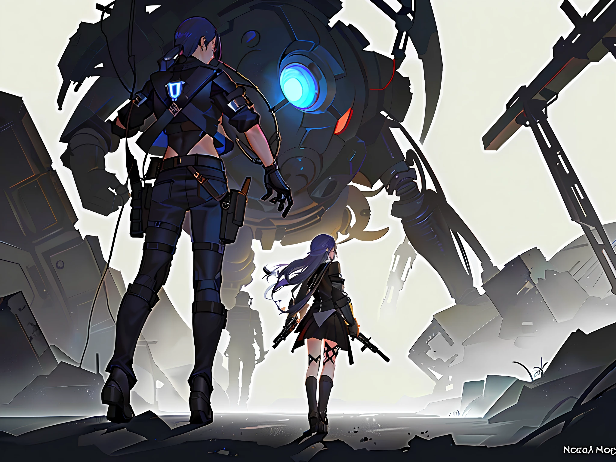 gal girl,blue long hair,Mechanical feel,cyperpunk,Side rear,arma,The background is wasteland