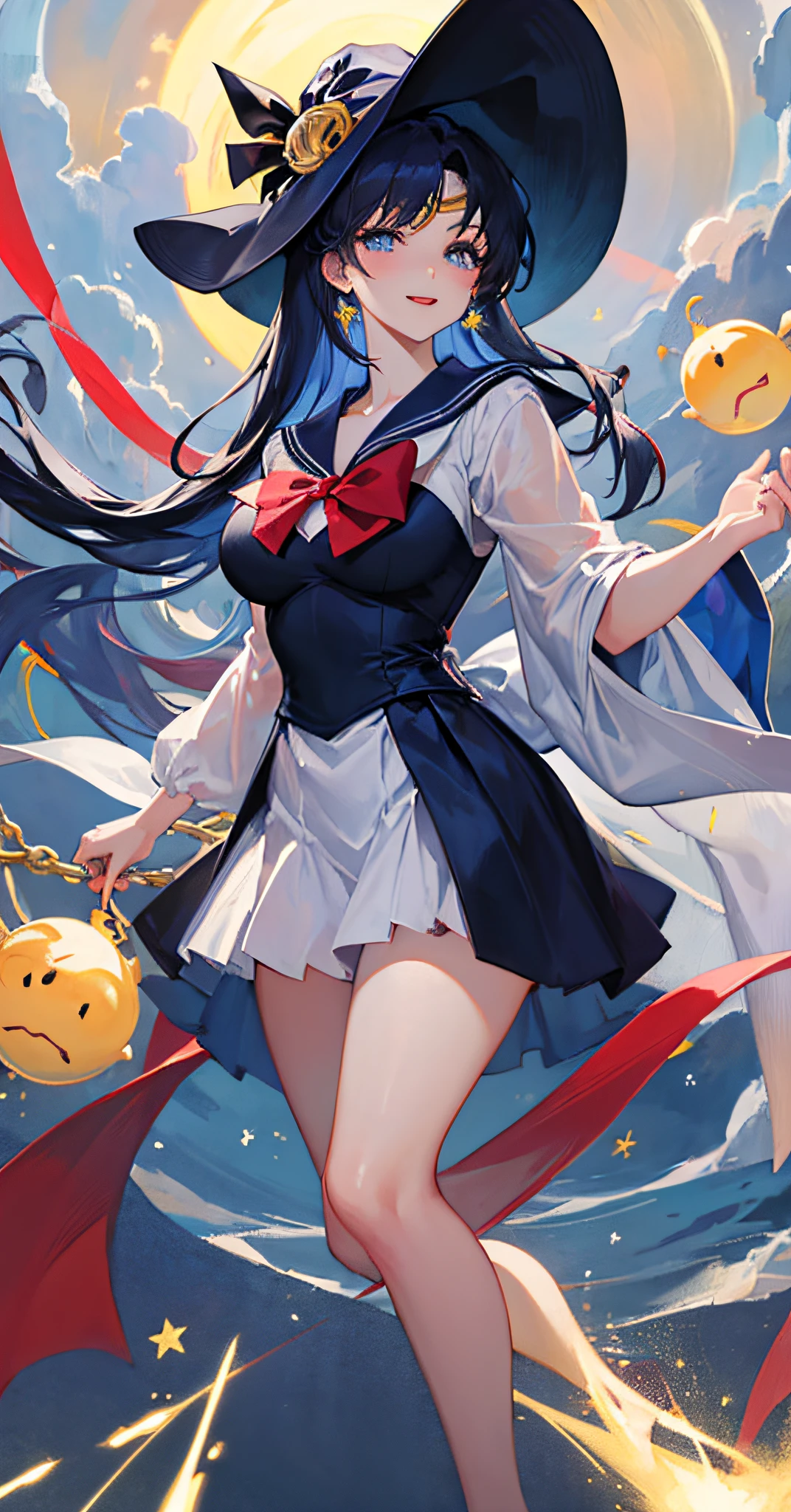 ((巨作:1.2, Best quality)), 1girl huge large , solo, (Witch hat), blone hair, length hair, a skirt, The aurora, the night,(asterpiece)), ((best quailty)), (ultra detali), ((abundantly detailed)), 4K, (8K), the sailor moon, Long golden hair, dual horsetail,sailor moon aesthetic, Dream Core, As estrelas(skyward), mitts, skyward, White dress, nigh sky, n-mouthed,starlights、blue eyess、ribbon、length hair、Red dress、Smile with、hair ties、cloaks、Blue hair、(The bird)、magia、casting spells、dark cloude、the night、(impresnist:1.4)、(tarot cards:1.3) , Alphonse Mucha,