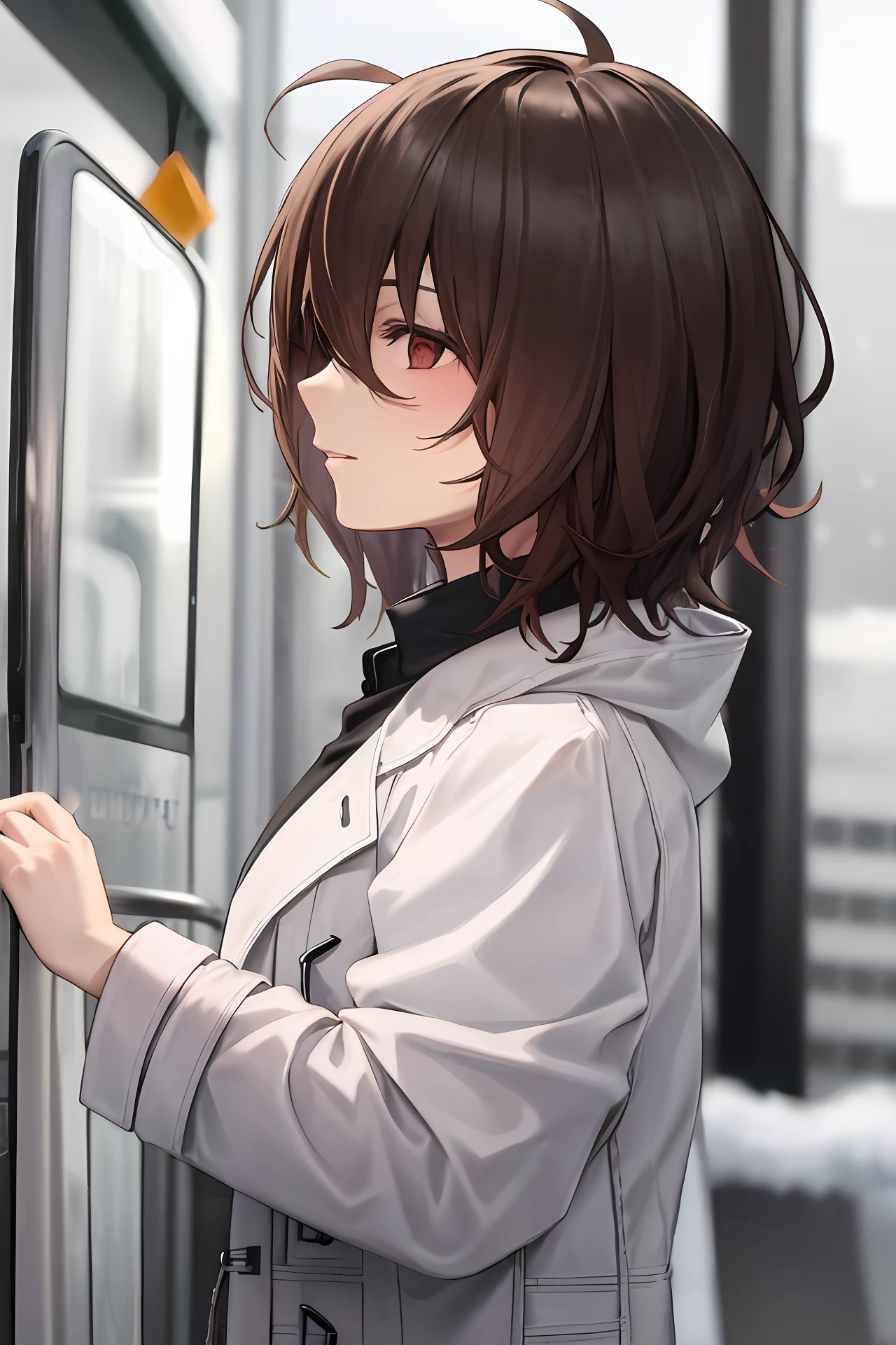 Snowy winter,A dark-haired man in a white coat stepped down from a taxi