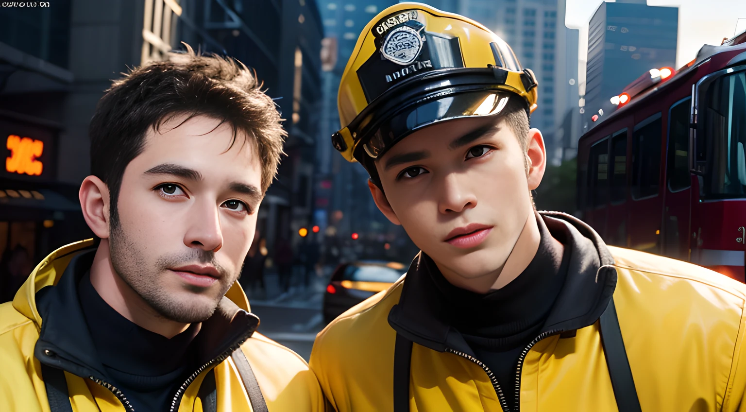 (both of them are men), (head shot), (only face), (Two male gay handsome muscular firefighters in their 30s), two handsome muscular male firefighters in their 30's in New York City, they wear yellow protective coats and (yellow helmets), (red fire truck) and New York skyscrapers in the background, They resemble Chris Redfield from Resident Evil, Mischievous smile, (detaile: 1 in 1), Natural muscles, HIG quality, Beautiful  eyes, (Detailed face and eyes), (Face、: 1 / 2), Noise, Real Photographics、... ..................................PSD, Sharp Focus, High resolution 8K, realisitic & Professional Photography, 8K UHD, Soft lighting, High Quality, Film grain, FUJI XT3