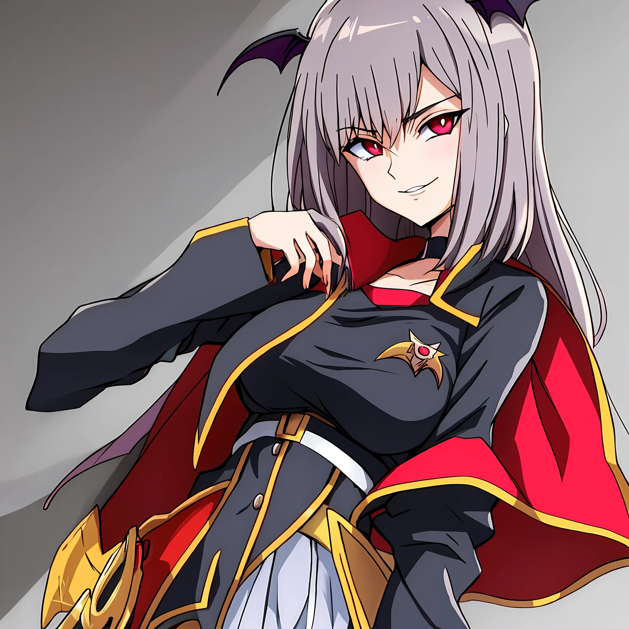 Vampira de cabelos vermelhos com chifres anime abracando um garoto