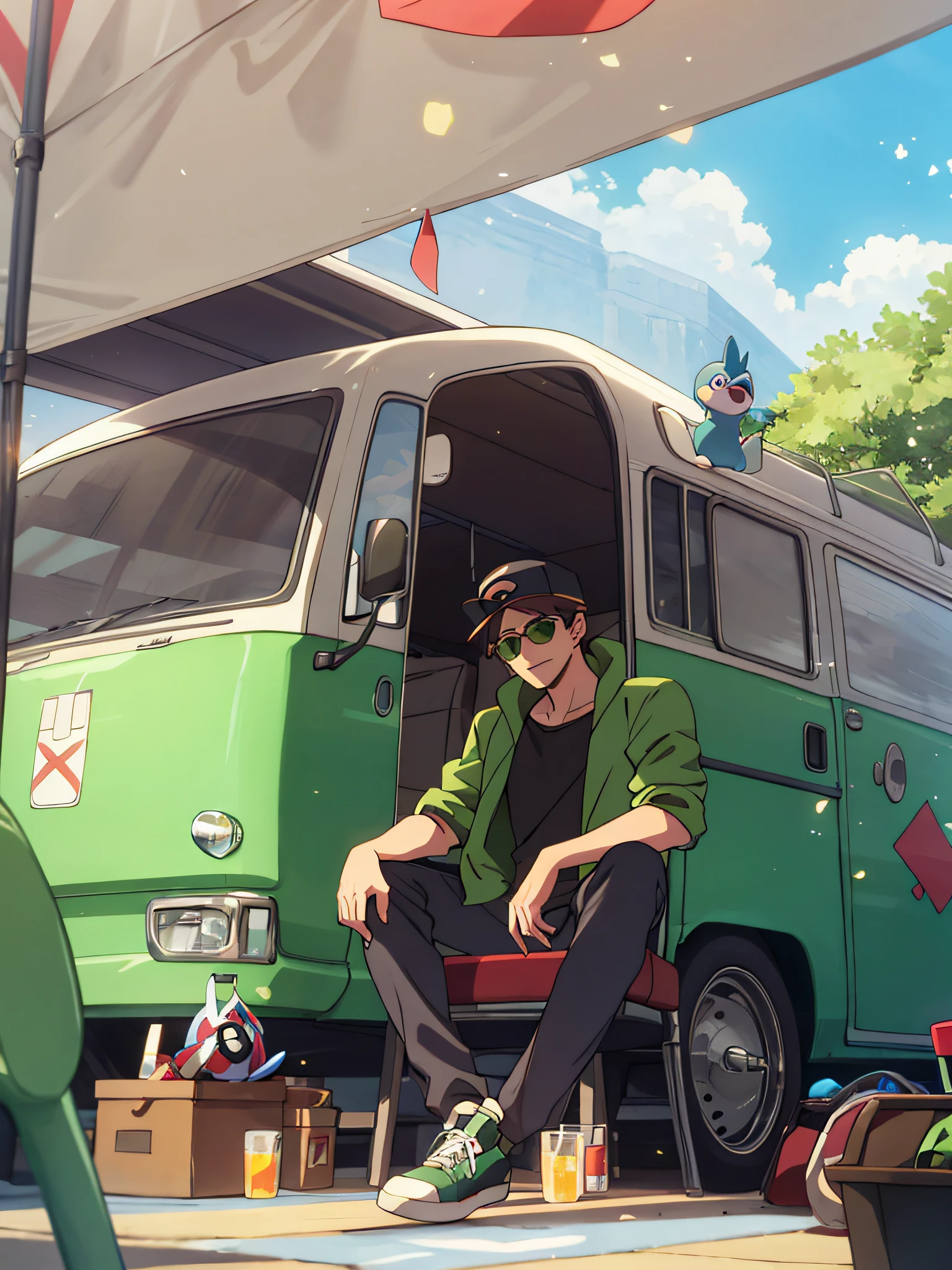 The man sat outside in front of a green minivan，tents, wearing sun glasses, character from pokemon, Detailed face, pokemon beside, High saturation, Particle effects, High image quality. 4K, The ultra -The high-definition,