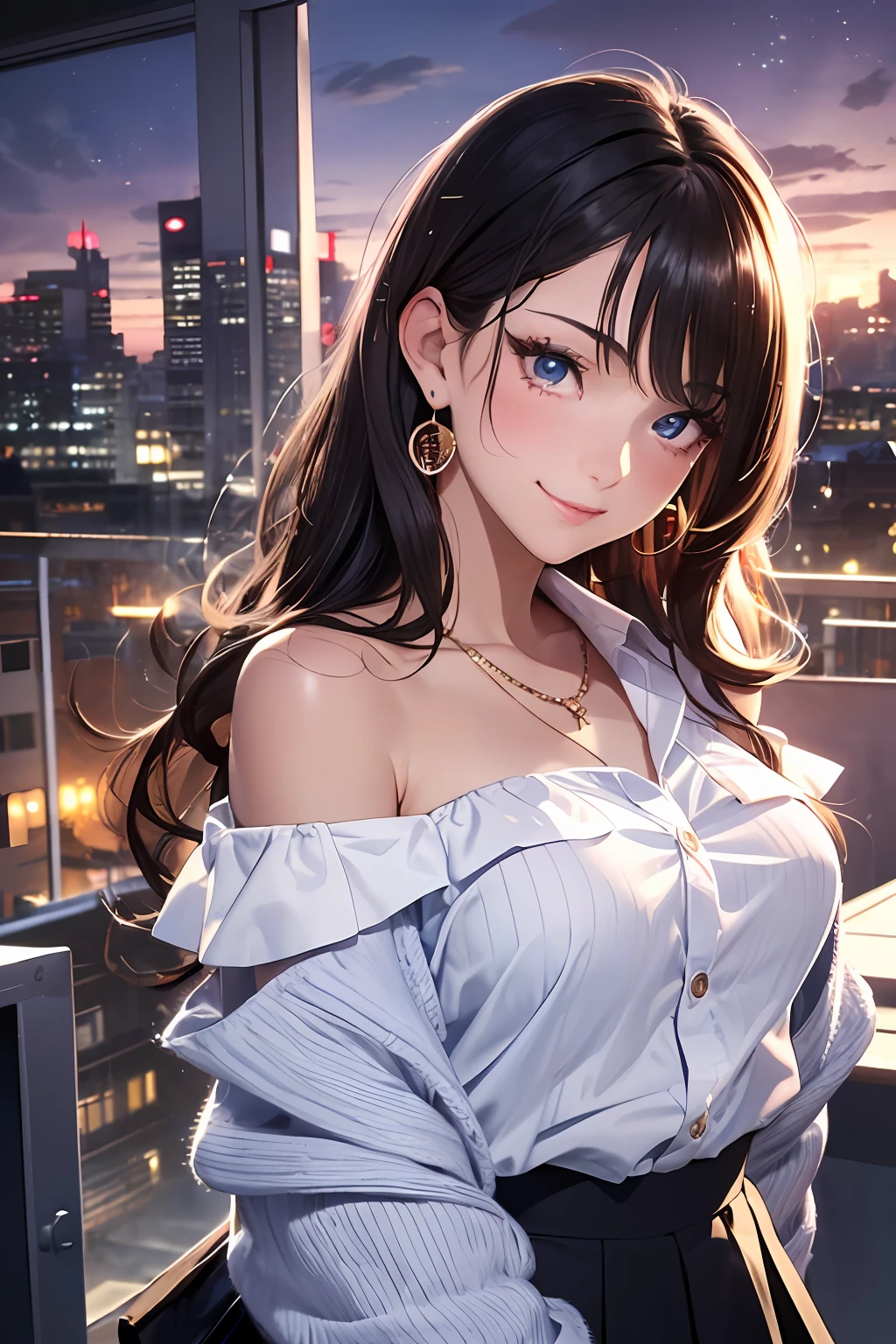 (masutepiece: 1.3), (max resolution: 1.2), (Ultra HDTV: 1.2), cinema lite, Ultra HDTV, (Detailed eyes and skin), (detailed facial features), ultgp, 8K resolution, Sharp Focus: 1.2, Perfect Style, Beautiful Face, accurate, Anatomically correct, Highly detailed face and skin texture, Detailed eyes, Dark-blue eyes, Double eyelids, Thin eyebrows, dropping eyes, (Glitter Eyeliner:1.2), Natural cheeks, Glossy skin, (Fair skin:1.2), shiny necklace and earrings, (Glossy lips: 1.4), break, absurderes, One-person viewpoint, (she is high school Student), (Wearing a Button up shirt, blazer, Pleated mini skirt), ((off-shoulder:1.3)), (shy smile:1.2), ((Innocent and very cute girl:1.3)), (Layered hairstyle, Wavy Hair), (Dark brown hair:1.2), Medium Long Hair, (Full body shot: 1.2), Focus on Face, medium large breasts, ((sexy pose on Instagram:1.2)), ((In the School Rooftop at night)),