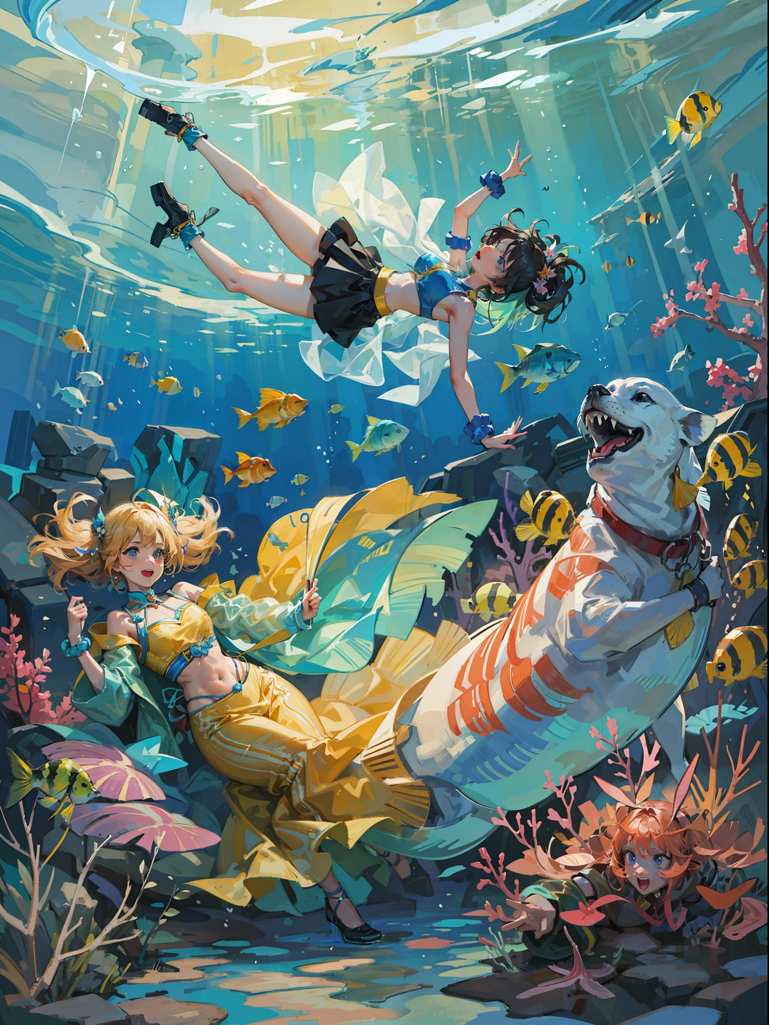 Dive into an enchanting underwater world teeming with vibrant colors and joyous rhythms. Imagine an anime scene where a lively conga line of fishies dances through the crystal-clear waters. Each fish, adorned in dazzling hues, moves in perfect sync, creating a harmonious spectacle. Let the mesmerizing beauty of this underwater paradise and the contagious energy of the fishies' conga dance inspire you to dive deep into a tale of underwater joy and celebration.