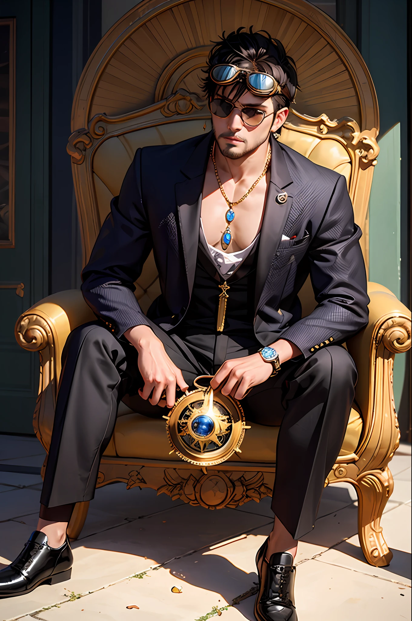 masterpiece, best quality, photorealistic ,fashionmonkey, gorilla, eyewear on head, gears, gem, goggles , gold, jewelry, magic circle,male_focus, owl, pants, shoes, sunglasses, tassel, throne,