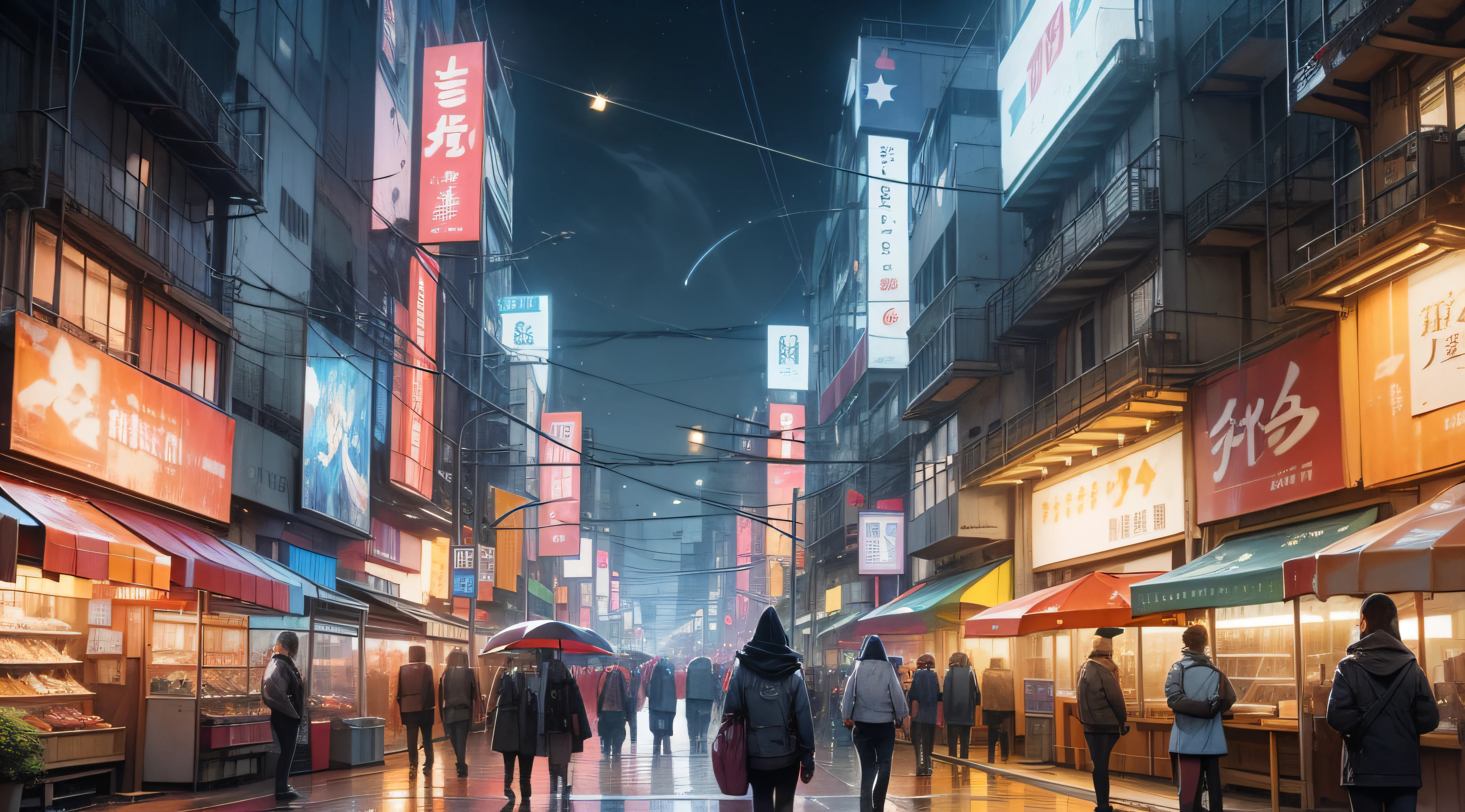 Rua Cyberpunk, com varias propagandas em japones em LEDs e NEONs, Chuva, people walking with umbrellas on the sidewalk, many stars in the sky, estrelas coloridas. --auto
