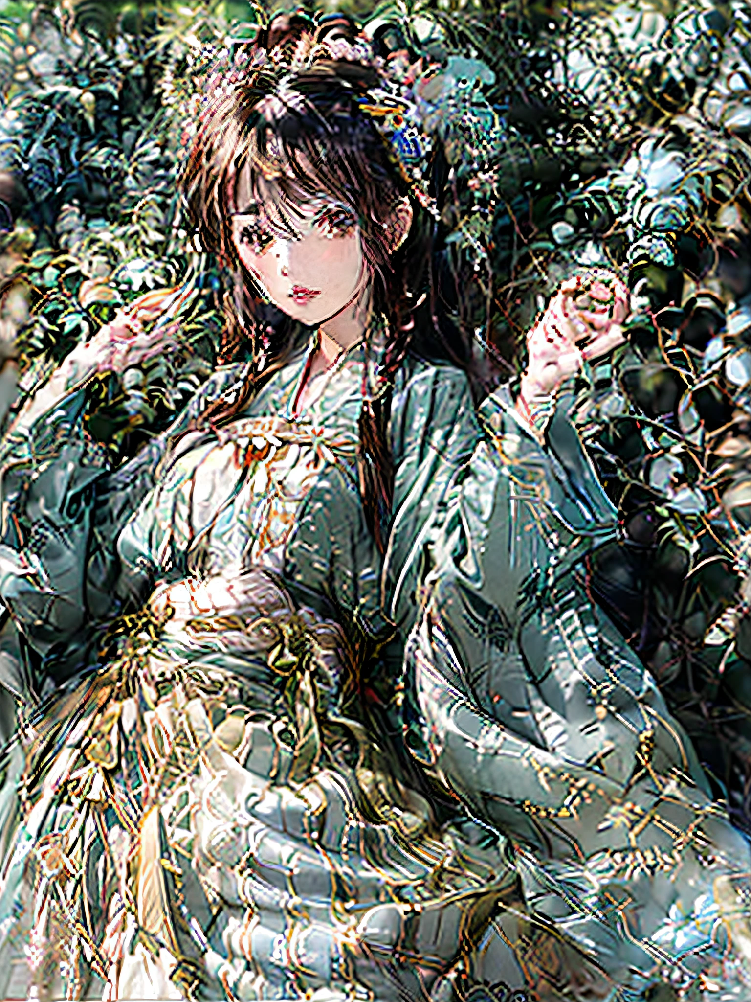 drawing of a woman in a dress with a long braid, clean anime outlines, Line sketch!!, Simple lines of art, Line sketch, clean lineart, thick line art, serpentine pose gesture, variable lineart, thick lineart, Outline sketch, waving robe movement, flowing hair and long robes, pudica pose gesture, holding a pudica pose,Scorpion element