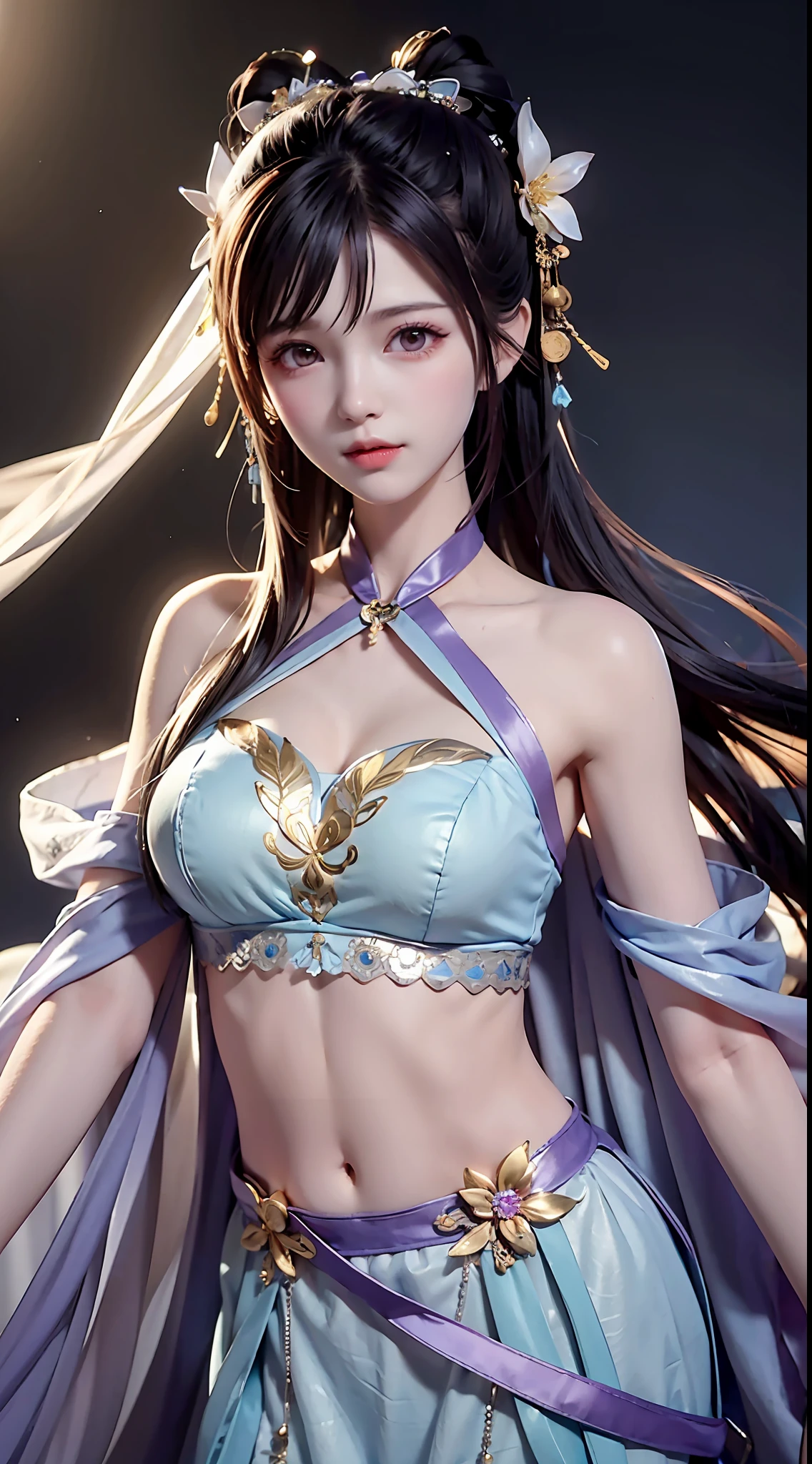 Bust photo, a beautiful woman, messy hair, girly, symmetrical bun, hair accessories, jewelry, delicate face, eye shadow, purple top, purple, purple, crop navel, purple long skirt, Dunhuang style, delicate embroidery, silver decoration, silver streamer, white streamer, light blue streamer, delicate skin, soft light effect, delicate and smooth hair, delicate details, eye highlights, fair skin, fine portrayal, extreme details, cinematic quality, thin, slender, broken, hair details, thin bangs, shawl hair, right body, shadow, air bangs, 8K, super fine, fine fabric texture, soft, smooth, smooth texture, Dunhuang style, delicate pattern, correct hand painting, anatomy correct, accurate, night, dark night, lighting, Tyndall effect, ray tracing, HUD,
