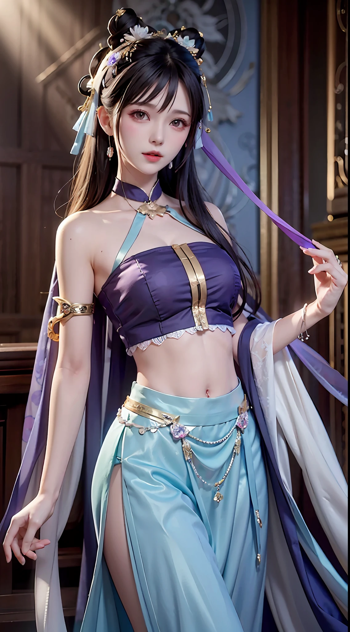 Bust photo, a beautiful woman, messy hair, girly, symmetrical bun, hair accessories, jewelry, delicate face, eye shadow, purple top, purple, purple, crop navel, purple long skirt, Dunhuang style, delicate embroidery, silver decoration, silver streamer, white streamer, light blue streamer, delicate skin, soft light effect, delicate and smooth hair, delicate details, eye highlights, fair skin, fine portrayal, extreme details, cinematic quality, thin, slender, broken, hair details, thin bangs, shawl hair, right body, shadow, air bangs, 8K, super fine, fine fabric texture, soft, smooth, smooth texture, Dunhuang style, delicate pattern, correct hand painting, anatomy correct, accurate, night, dark night, lighting, Tyndall effect, ray tracing, HUD,