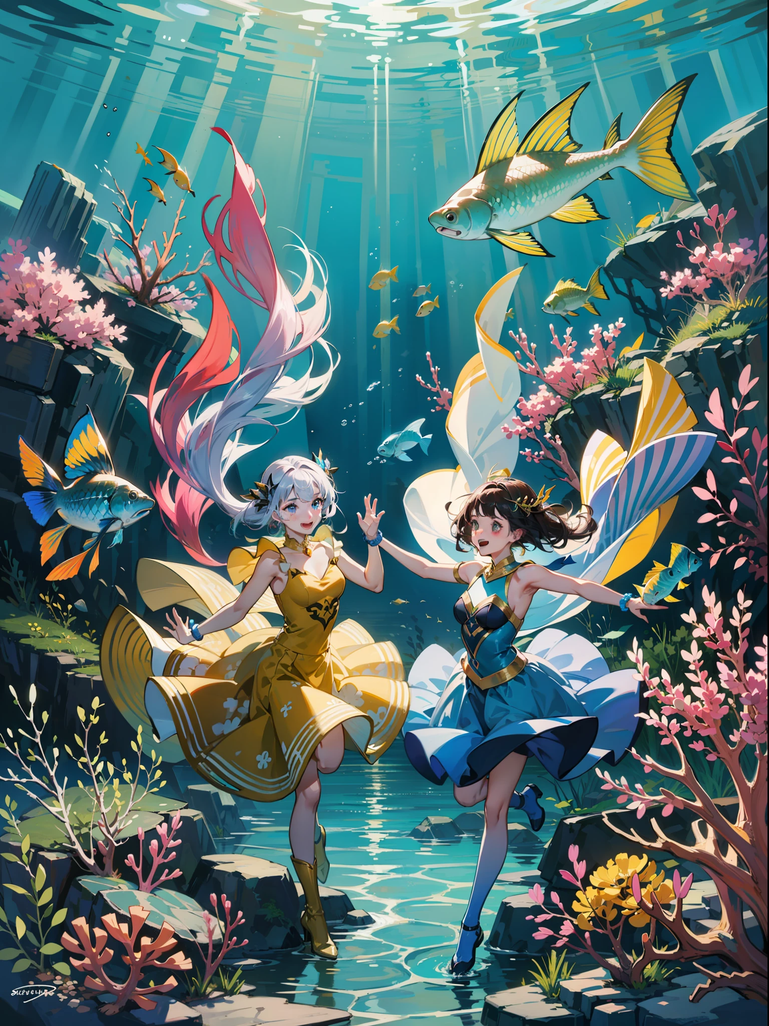 Dive into an enchanting underwater world teeming with vibrant colors and joyous rhythms. Imagine an anime scene where a lively conga line of fishies dances through the crystal-clear waters. Each fish, adorned in dazzling hues, moves in perfect sync, creating a harmonious spectacle. Let the mesmerizing beauty of this underwater paradise and the contagious energy of the fishies' conga dance inspire you to dive deep into a tale of underwater joy and celebration.