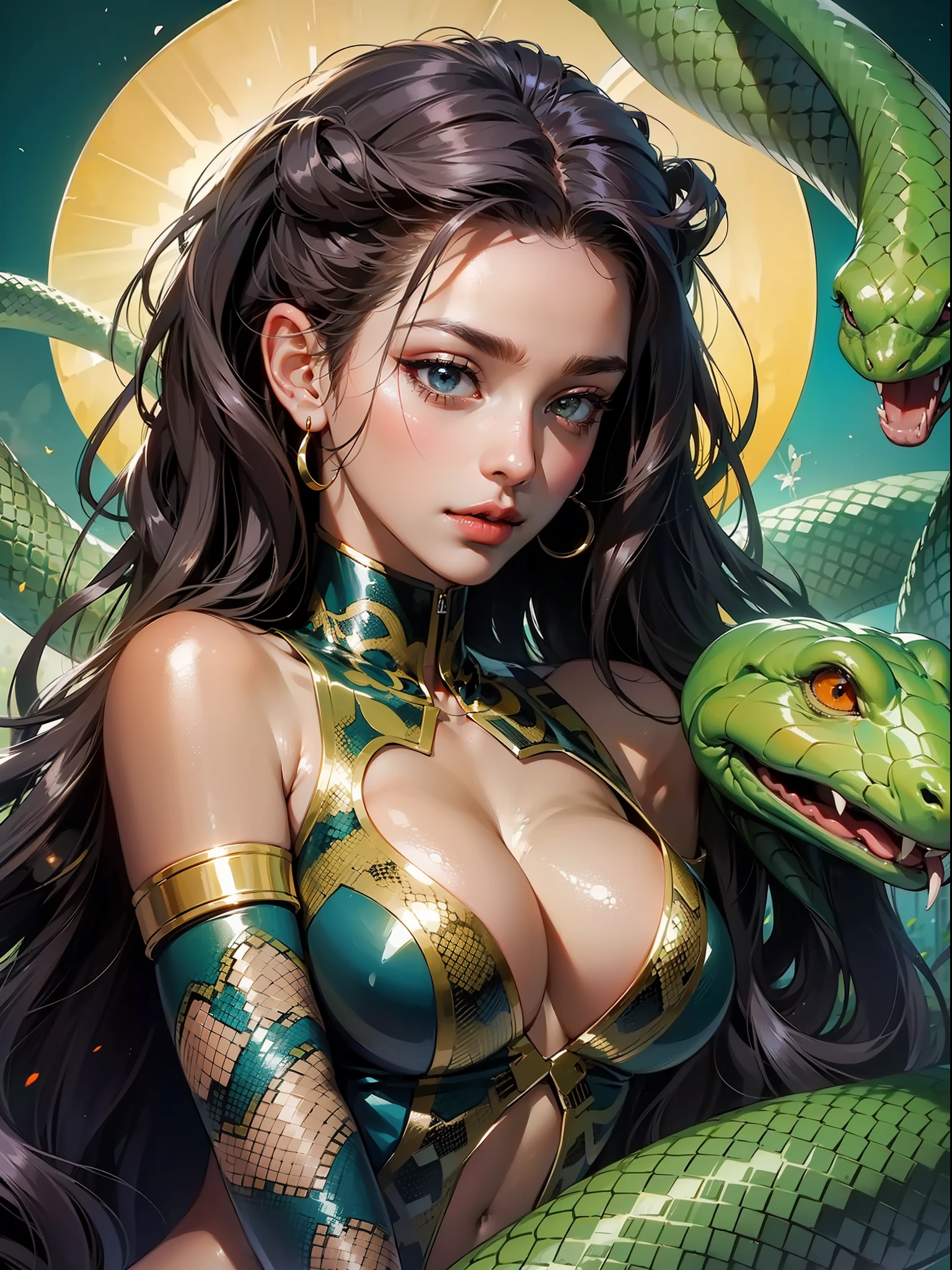 ((masterpiece:1.4, best quality:1.2)) medusa , snakes as hair, cleavage . glossy fat lips, open shoulders, close neck, ((dark skin:1.5)), toned ,snake around shoulder