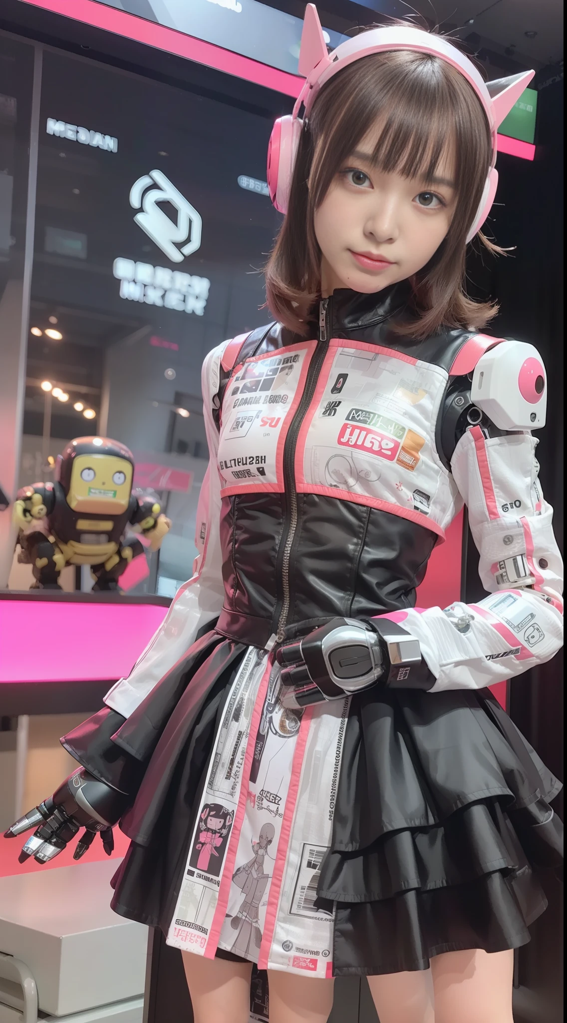 (a photorealistic:1.4)、Onegirl、(beste-Qualit),(hyperdetailed face)、(Super well-formed face)、((Robot Parts))、(Cyborg girl)、(Pink)、(metalic)、(fullllbody)、(Moe Pose)、(Slender body)、(TITTIES)、(Model body type)、(mecha exposure)、(akihabara)、(is looking at the camera)、(dark-haired)、(9Head and body)、(a small face)、(Idol)、(front facing)、(is standing)、(Photo session)、(Looks sad)、(Cyborg girl in stage costume)、(sleeve less)、(mini-skirts)