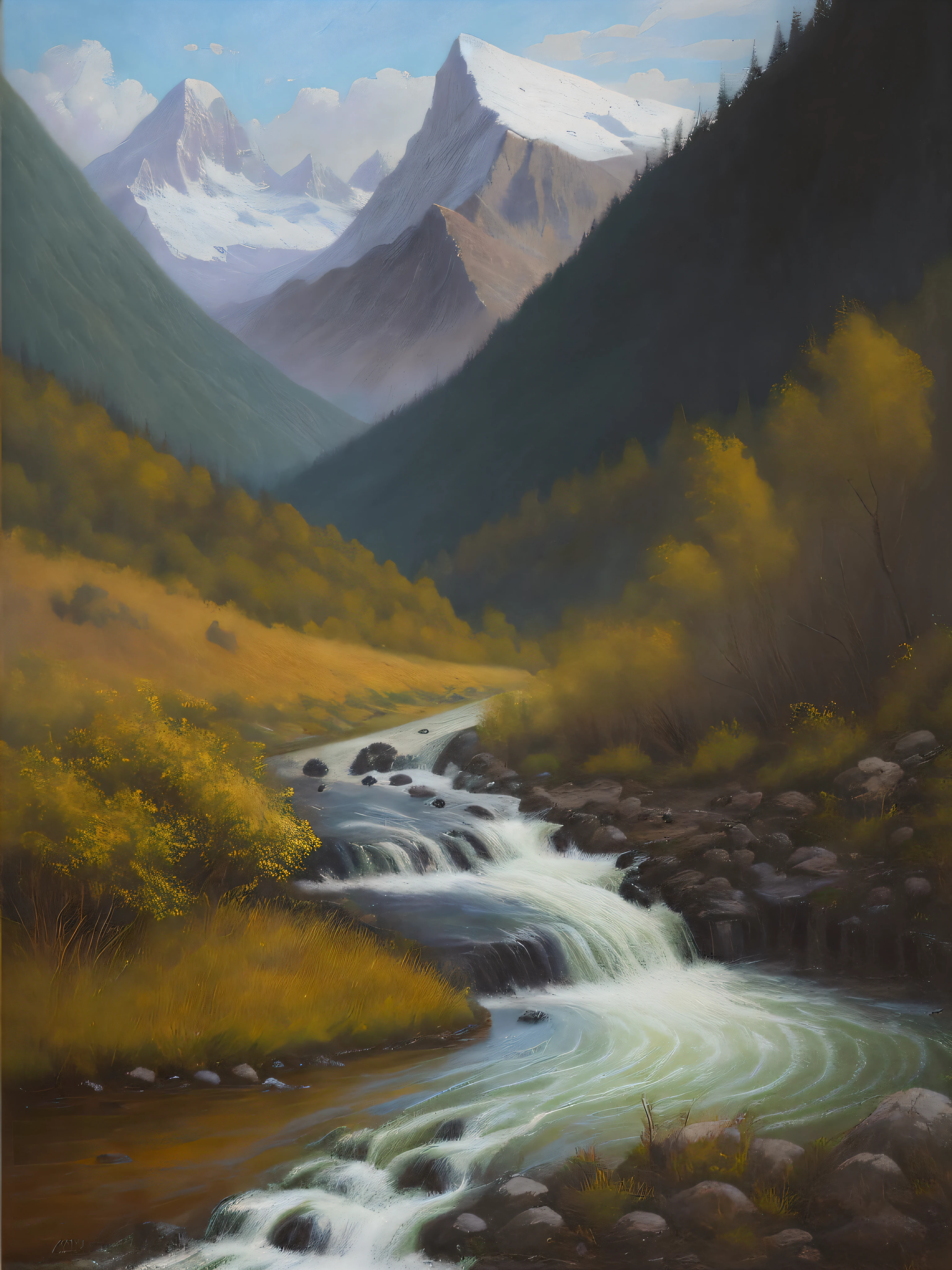 a painting of a person standing in front of a mountain with a river running through it by Marisol Ortega