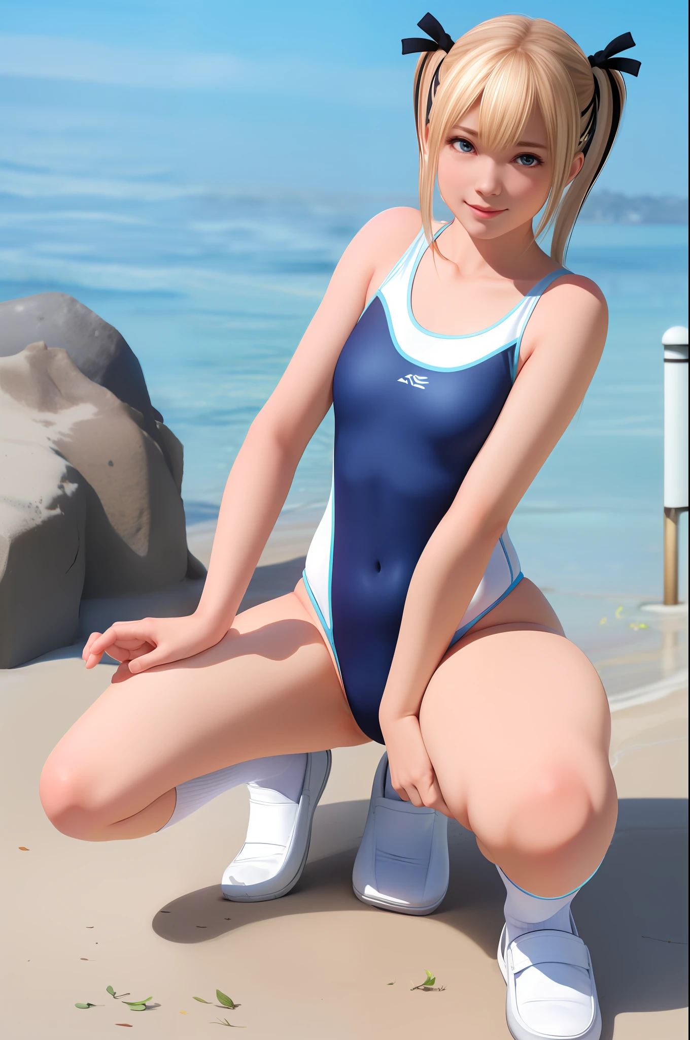 Top image quality、8K picture quality、Top image quality、Photorealistic image quality、1girl in、独奏、Marie Rose、A smile、embarrassed from、red blush、small tits、Slightly slender body、enamele sleeveless navy blue one piece competition swimsuit、(Crotch is hard to fit:1.4)、wet​、SQUATTING on the ground、squatting down、open thigh、(Open your legs wide from side to side:1.3)、Thrust your hips forward、(Arms behind your head:1.2)、(Show off your armpits:1.3)、white thighhig、Raw feet、Pool side、Nurteka、((White High Socks:1.2))、((Brown loafers:1.2))、see the beholder、Turn the front of your body towards the viewer、Open your feet to the audience、Show your crotch to the viewer、professional photograpy、Professional Lighting、(Sheer