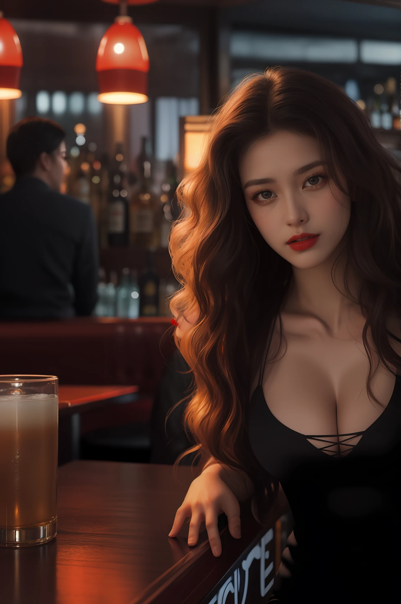 Realistic style，A sexy beauty sitting in a bar，Wavy hair，Red lips，Sexy cleavage，Eyes look at the audience，smog，Noisy environment of the bar，Close-up of people，high qulity，a masterpiece of，Cinematic light，8K