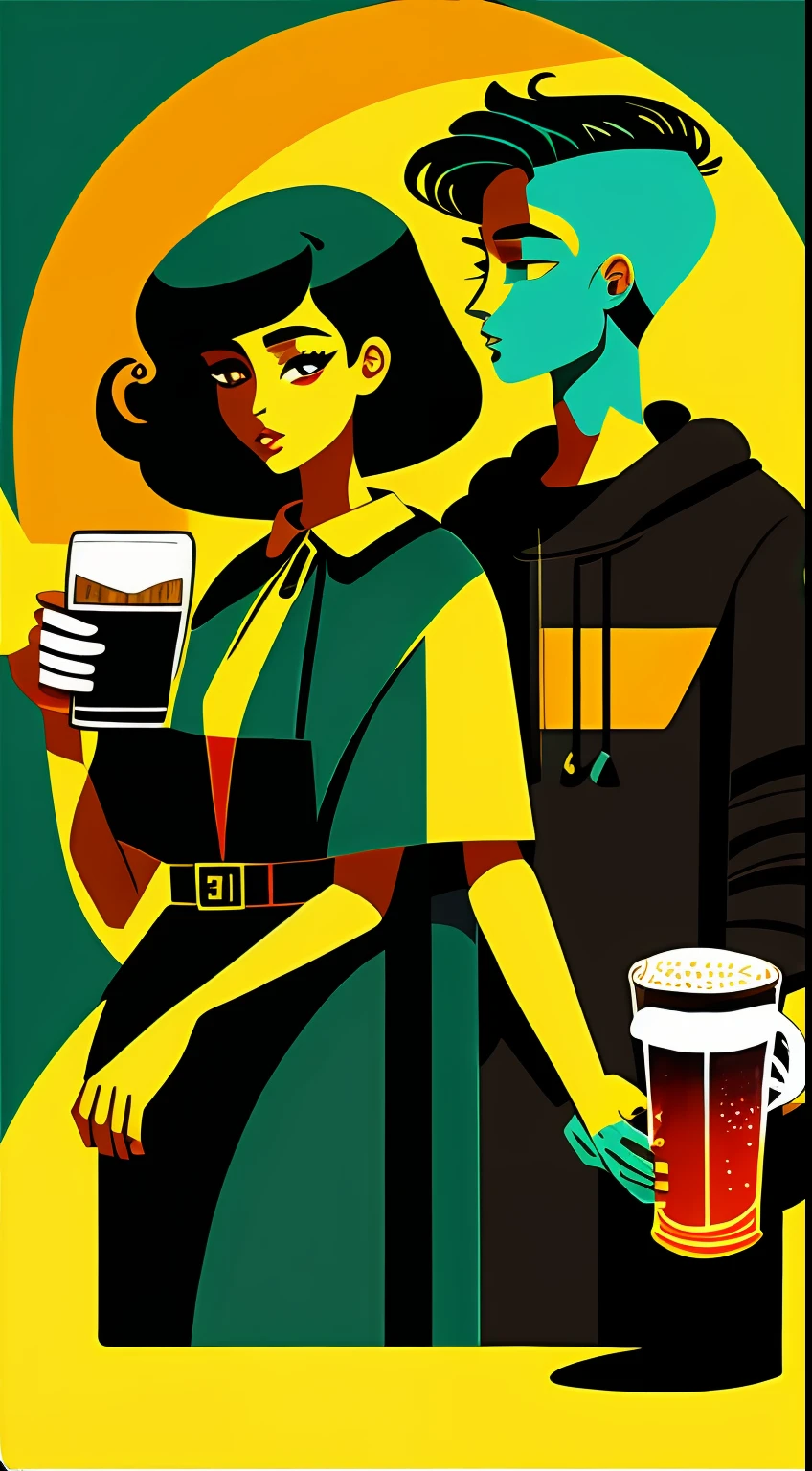(masterpiece,4K,ultra detali,OriginalPhoto:1.2),illustratio,
(beer mug:1.8),(A young fashionable man and woman drink beer:1),
(simplebackground,Fluorescent teal and black background:1.4),
(symetry:1.2),
(art-deco:1.4),
(retro-futuristic:1.4),
(Maximalism:1.4),
(Cleanliness:1.4),
(Flat_color:1.4),
(sun beam:1),
CCDDA art style