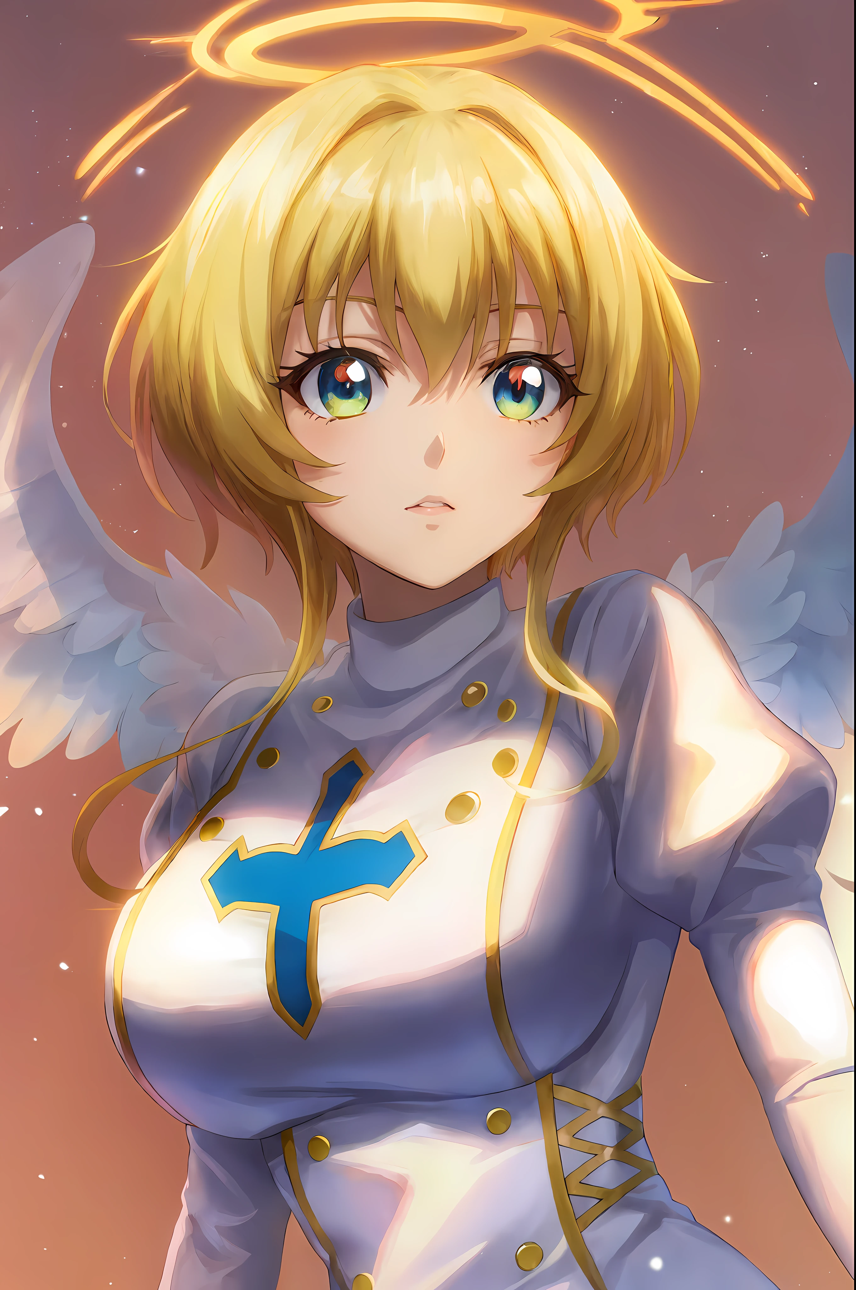 anime girl with angel wings and a halo on her head, Artoria pendragon, pureza angelicalal, Chica de anime llamada Lucy, Diosa del anime, daytime ethereal anime, highschool dxd, Anime visual de una chica linda, Rayo divino sobre su cabeza, angelicalal, angelical, ethereal anime, Personaje femenino de anime, Rostro angelicalal, Estilo anime como el destino/stay night, Mejor chica del anime