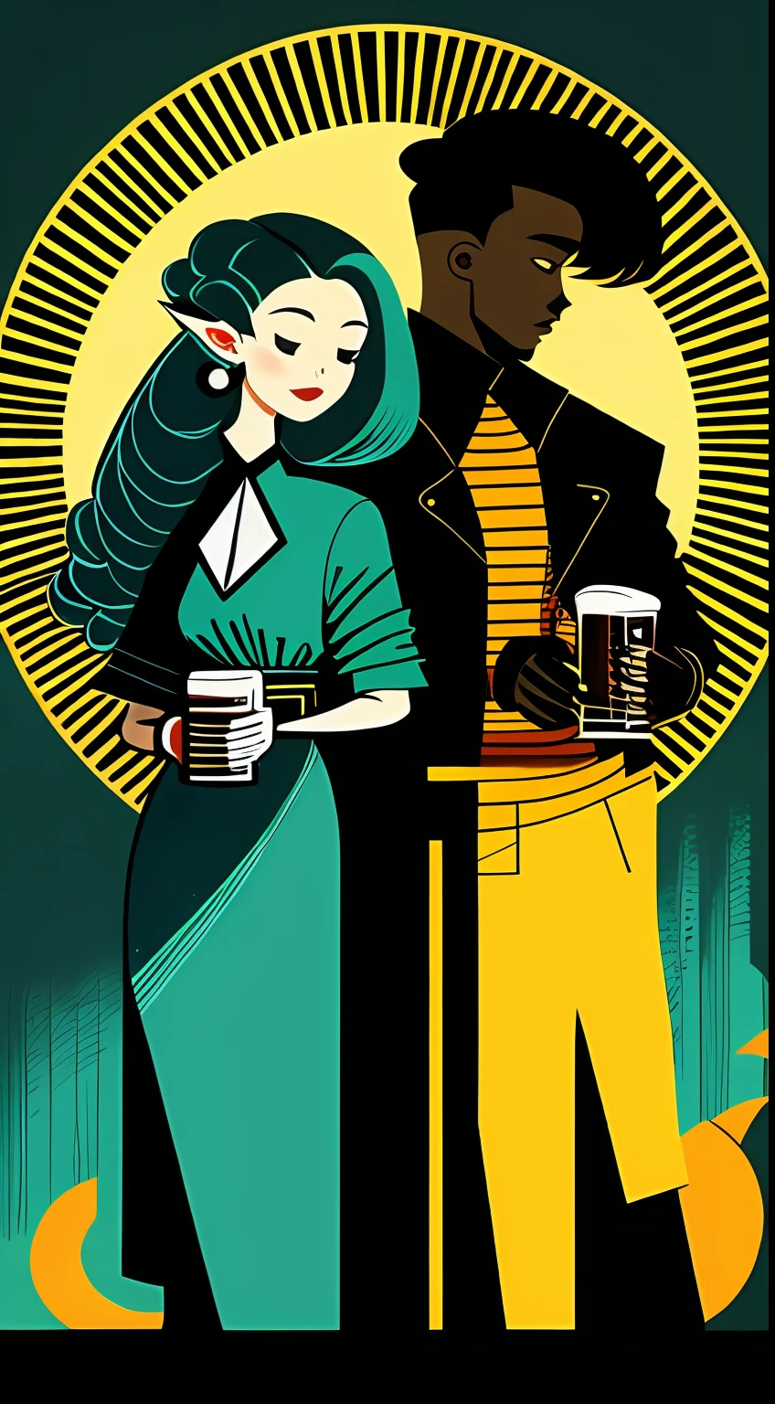 （​masterpiece，4K，ultra detali，OriginalPhoto：1.2），illustratio，
（beer mug：1.8），（A man and a woman drink beer：1），
（simplebackground，Fluorescent teal and black background：1.4），
（symetry：1.2），
（art-deco：1.4），
（retro-futuristic：1.4），
（Maximalism：1.4），
（Cleanliness：1.4），
（Flat_color：1.4），
（sun beam：1），
CCDDA art style