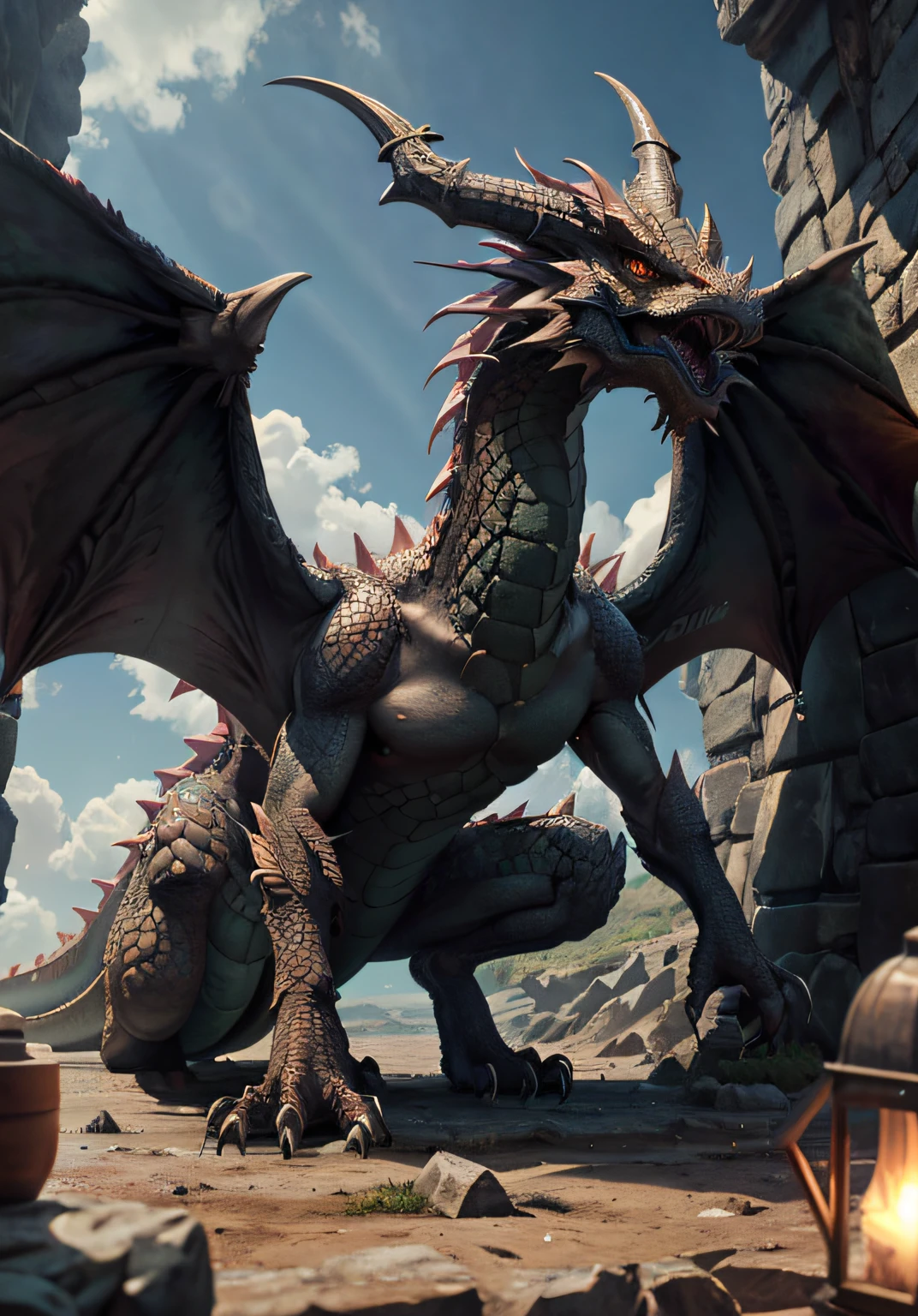 (1dragon) com asas abertas em cima de uma montanha envolta da ilha , obra-prima, melhor qualidade, ultra qualidade, detalhes absurdos, melhor luz, melhor sombra, clear, sharped image, detalhado, extremamente detalhado, great resolution, 8k, 4k, uhd, ray tracing, (efeitos bonitos), (Detailed dragon), (sem corpo deformado) (obra-prima:1.2) (melhor qualidade:1.2) (detalhado) (intrincado) (8k) (HDR) (papel de parede) (cinematiclighting) ( Nitide focus)