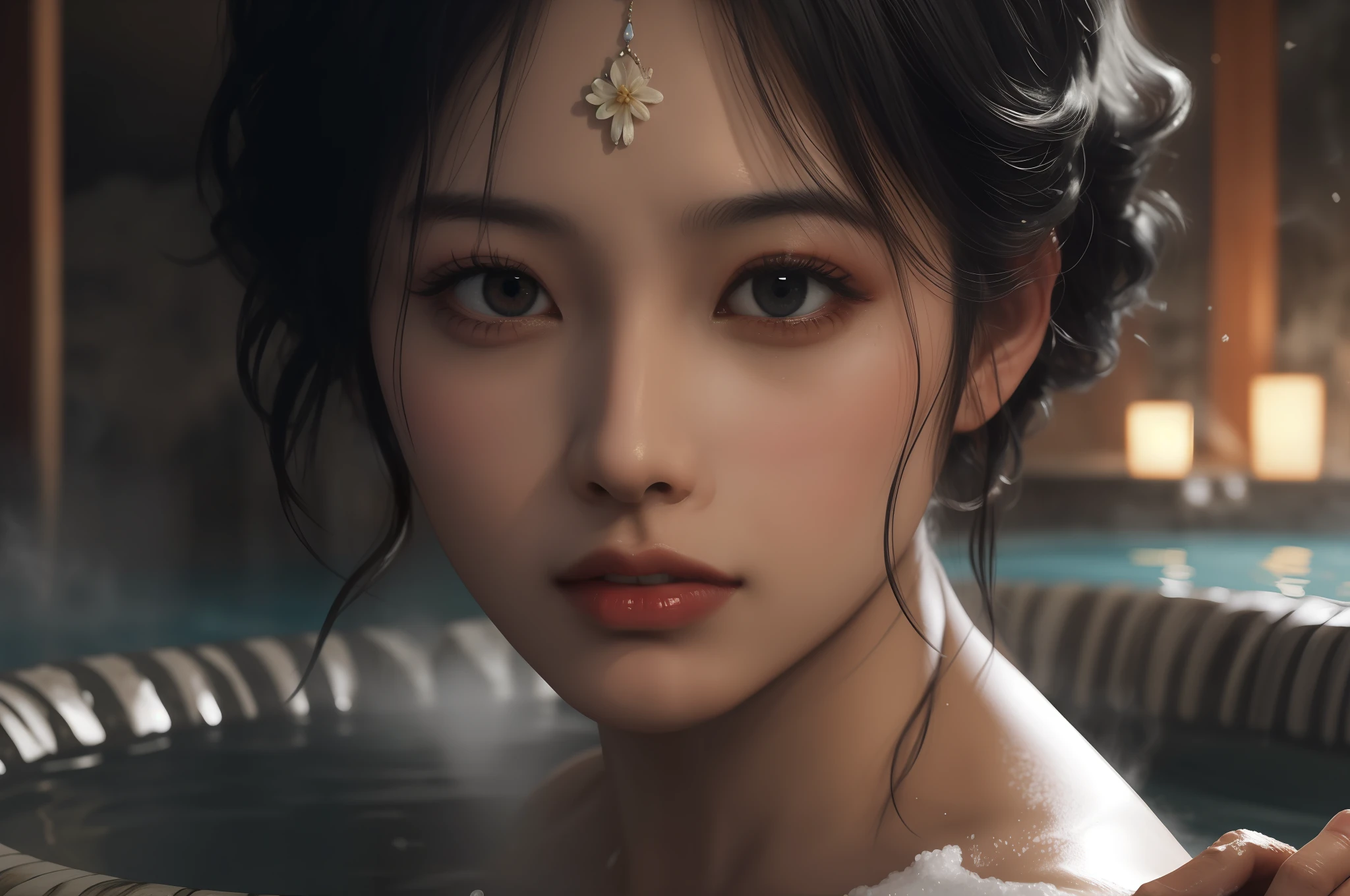 Realistic style,Cinematic style,An oriental beauty bathes in a smoky hot spring,Hair coiled up,Eyes are confused,Close-up shots,masterpaintings,high qulity,8K