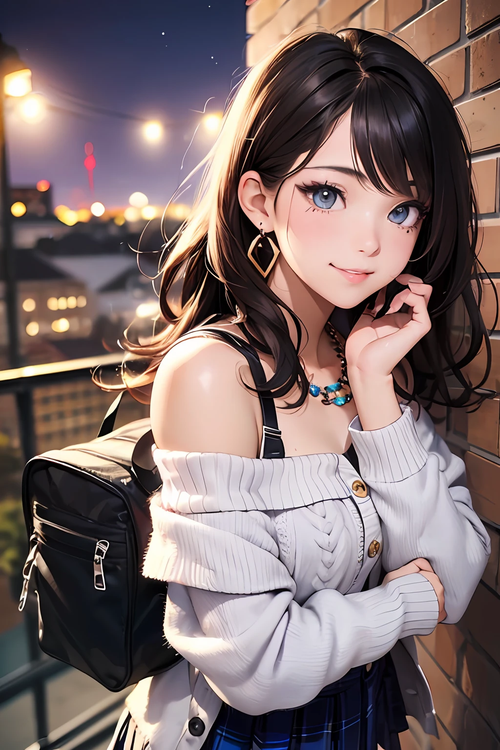 (masutepiece: 1.3), (max resolution: 1.2), (Ultra HDTV: 1.2), cinema lite, Ultra HDTV, (Detailed eyes and skin), (detailed facial features), ultgp, 8K resolution, Sharp Focus: 1.2, Perfect Style, Beautiful Face, accurate, Anatomically correct, Highly detailed face and skin texture, Detailed eyes, Dark-blue eyes, Double eyelids, Thin eyebrows, dropping eyes, (Glitter Eyeliner:1.2), Natural cheeks, Glossy skin, (Fair skin:1.2), shiny necklace and earrings, (Glossy lips: 1.4), break, absurderes, One-person viewpoint, (she is high school Student), (Wearing a Button up shirt, knit Cardigan, Pleated mini skirt), ((off-shoulder:1.3)), (shy smile:1.2), ((Innocent and very cute girl:1.3)), (Layered hairstyle, Wavy Hair), (Dark brown hair:1.2), Medium Long Hair, (Cowboy shot: 1.2), Focus on Face, medium large breasts, ((sexy pose on Instagram:1.2)), ((In the School Rooftop at night)),