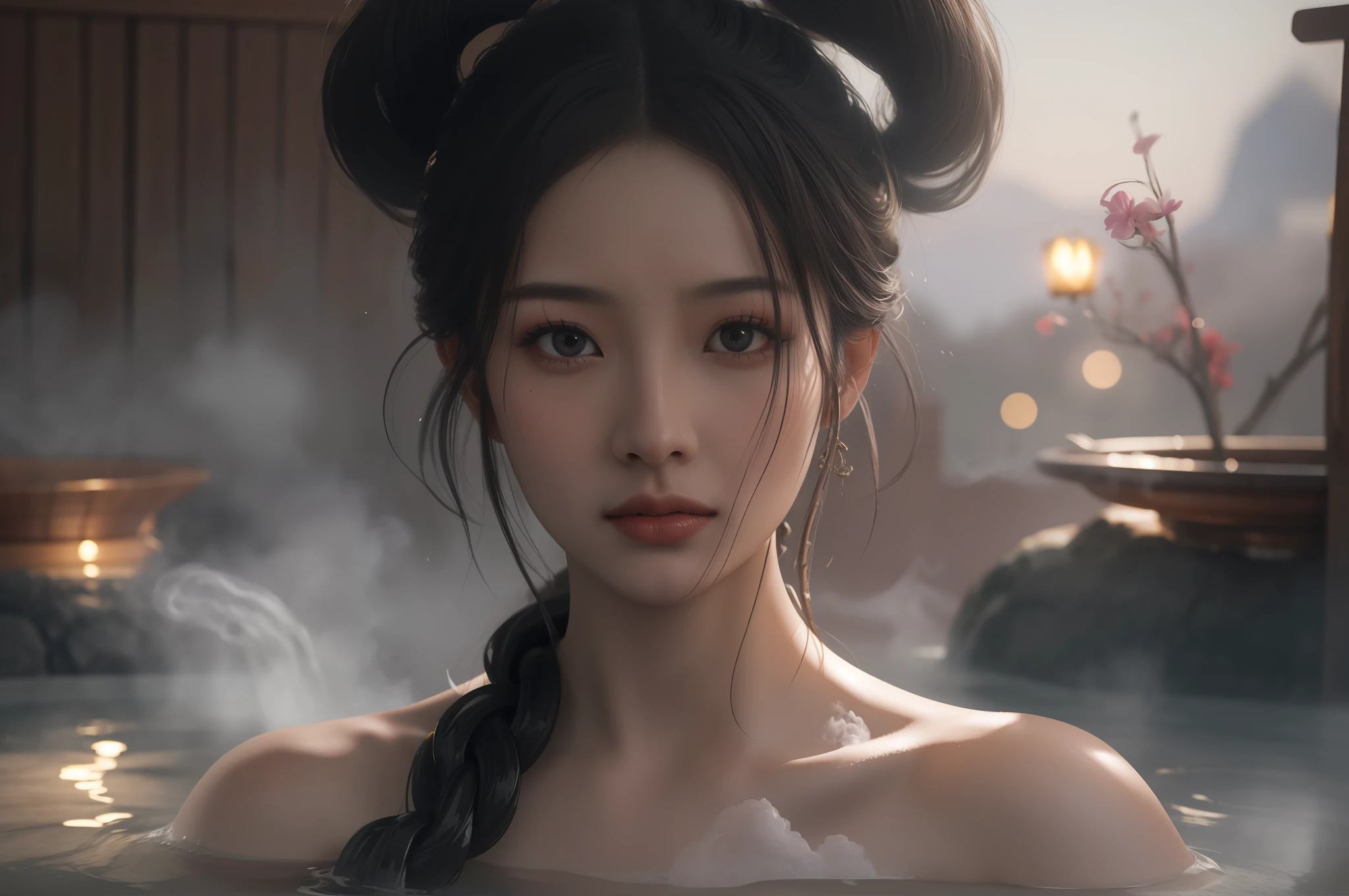 Realistic style,Cinematic style,An oriental beauty bathes in a smoky hot spring,Hair coiled up,Eyes are confused,Close-up shots,masterpaintings,high qulity,8K