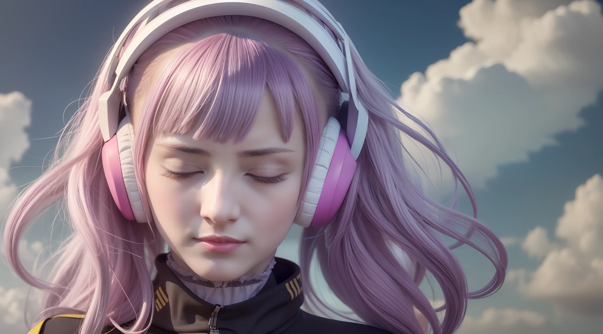 Woman with peace sense headset, closed eyes, beautiful face, RGB colors, anime pink hair, banner for youtube video, happy girl, clouds with RGB colors., bright RGB colors.