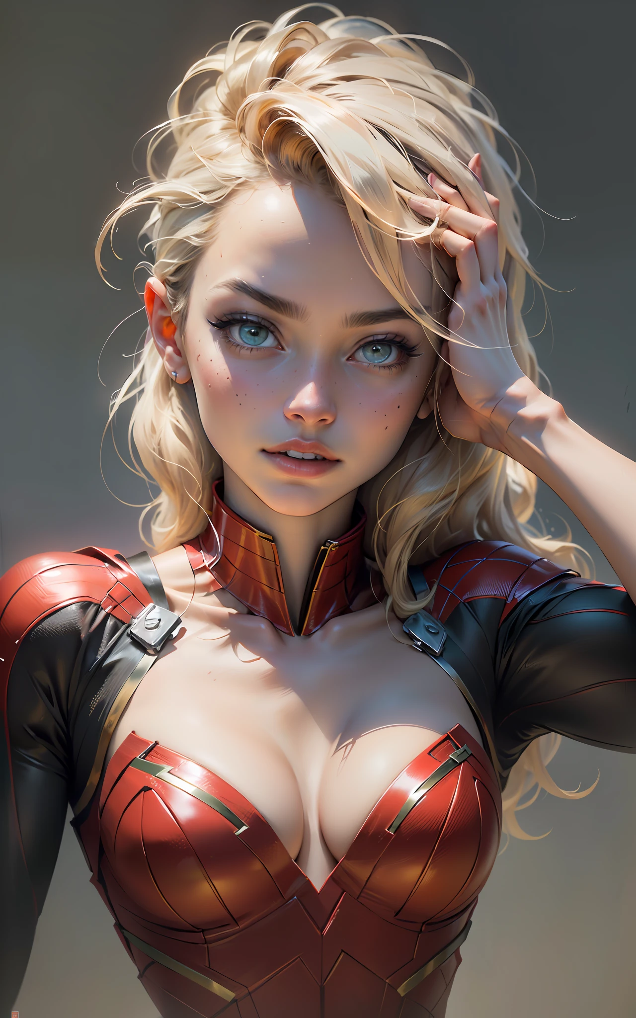 ((High resolution,  best quality,  absurdres, masterpiece, rosto detalhado, 4k))  Mulher bonita(26 anos de idade), rosto detalhado, cabelo curto, olhos azuis, corpo definido, seios grandes, vestindo cosplay de Supergirl sexy.