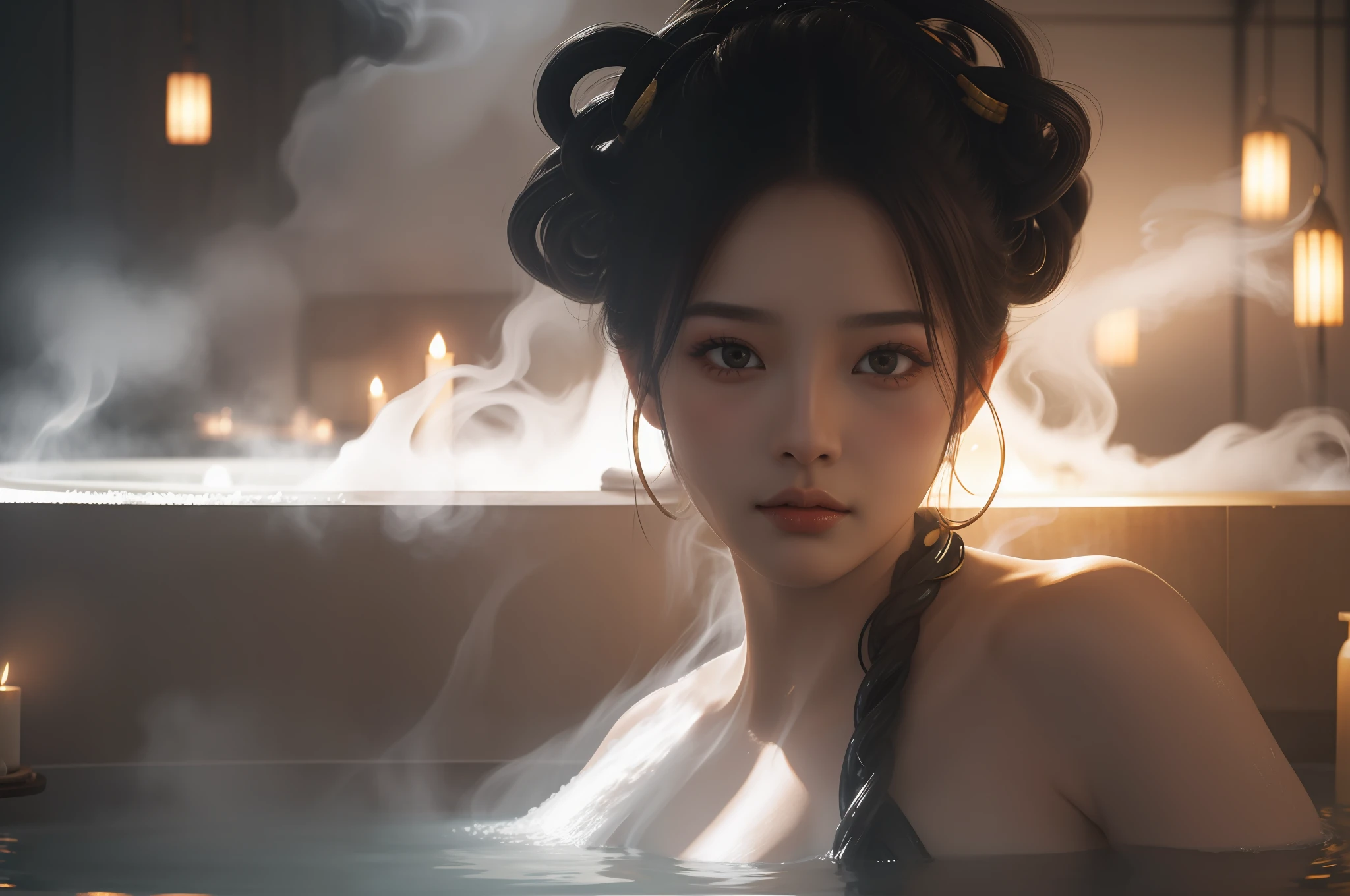 Realistic style,Cinematic style,An oriental beauty bathes in a smoky hot spring,Hair coiled up,Eyes are confused,Close-up shots,masterpaintings,high qulity,8K