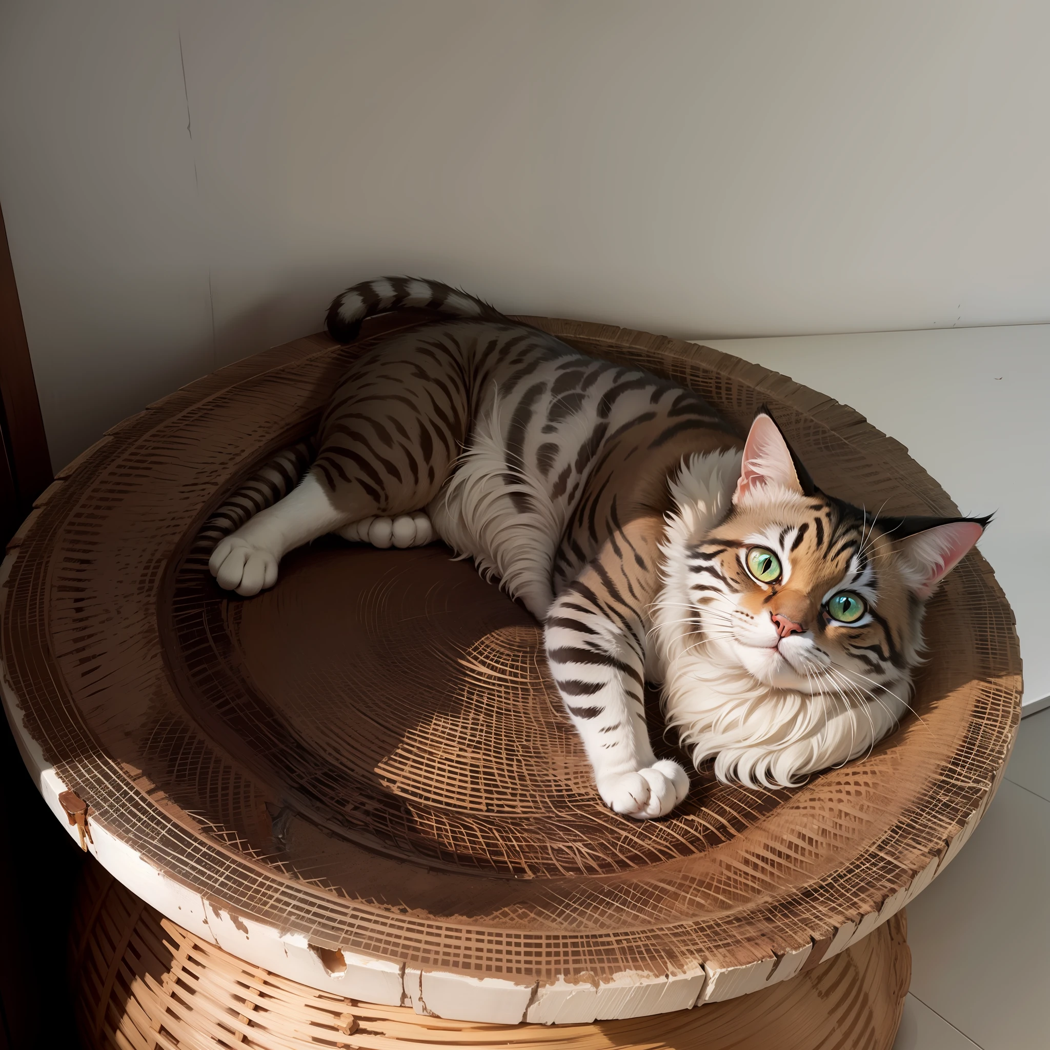 The cat lies on the cat scratch board like a human。Realiy,masterpiece