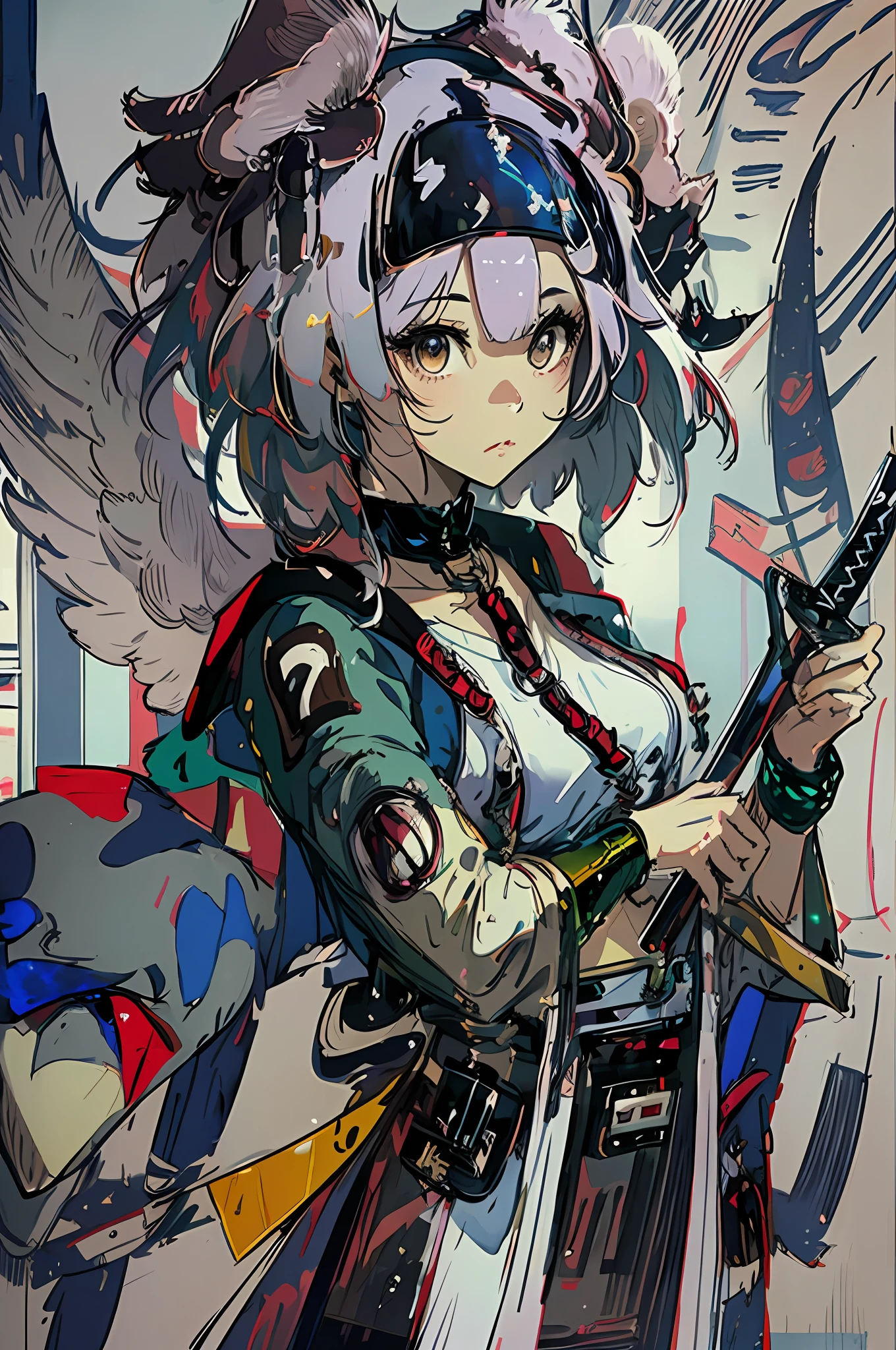 a close up of a person holding a sword and a bird, concept art by Yang J, pixiv contest winner, shin hanga, avian warrior, great character design, inka harpy girl, warrior character design, akira from chinese mythology, studio ghibly style mononoke, young harpy-girl, interesting character design, traditional japanese concept art