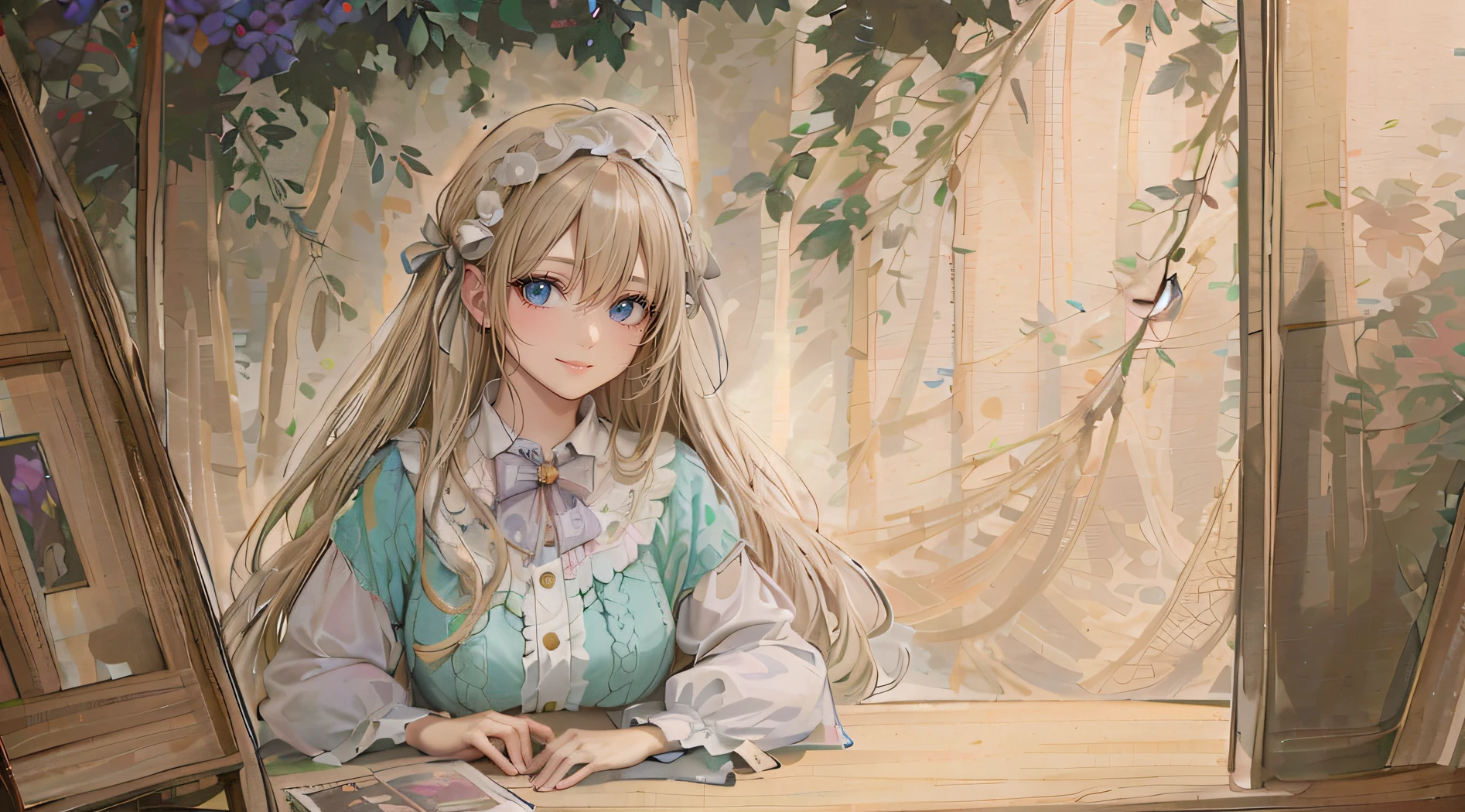 Anime girl sitting at table looking at a book, The book is at hand，high detailed official artwork, detailed portrait of an anime girl, Soft anime illustration, a beautiful anime portrait, Detailed digital anime art, Portrait of an anime girl, digital anime illustration, portrait anime girl, anime visual of a cute girl, portrait of ta, anime girl with long hair, Beautiful anime girl smiles naturally，anime hands，The painting style is harmonious，The eyes are meticulous