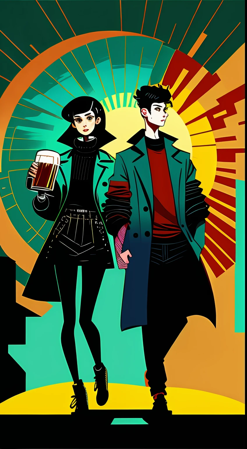 (masterpiece,4K,ultra detali,OriginalPhoto:1.2),illustratio,
(beer mug:1.8),(A young fashionable man and woman drink beer:1),
(simplebackground,Fluorescent teal and black background:1.4),
(symetry:1.2),
(art-deco:1.4),
(retro-futuristic:1.4),
(Maximalism:1.4),
(Cleanliness:1.4),
(Flat_color:1.4),
(sun beam:1),
CCDDA art style