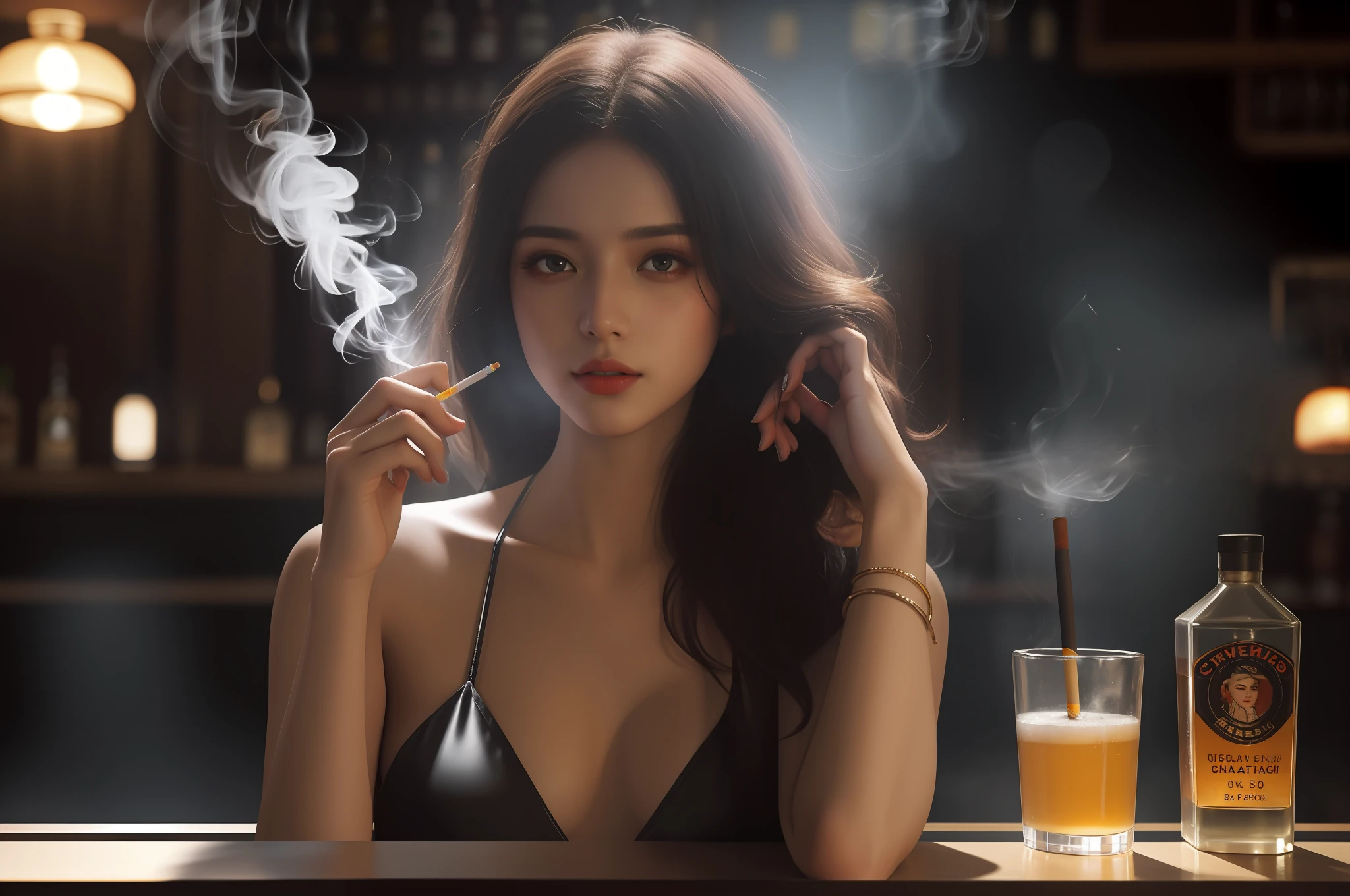 Realistic style，A sexy beauty with a cigarette in her hand，Eyes look at the audience，smog，Noisy environment of the bar，high qulity，masterpaintings，Cinematic light，8K