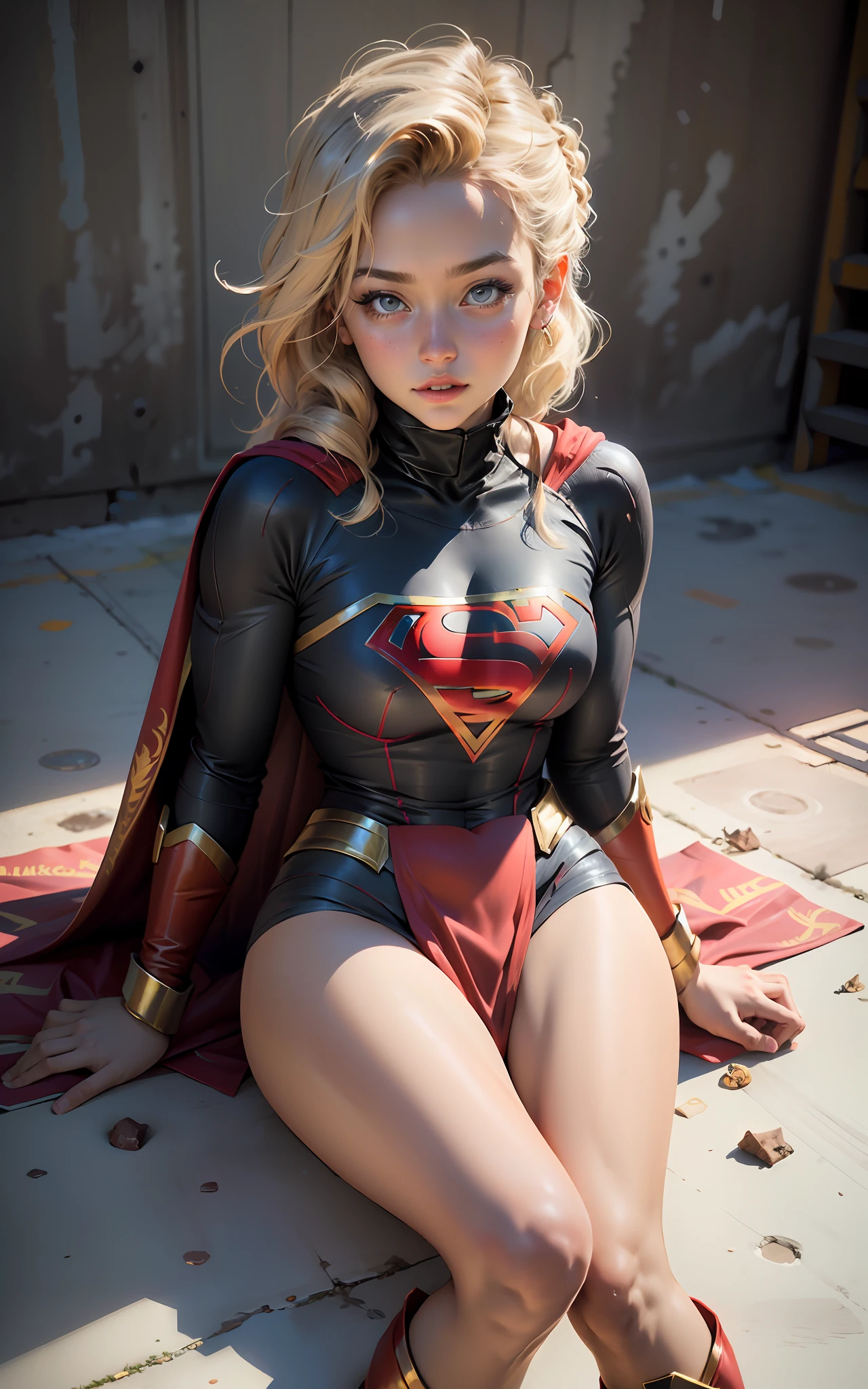((High resolution,  best quality,  absurdres, masterpiece, rosto detalhado, 4k))  Mulher bonita(26 anos de idade), rosto detalhado, cabelo curto, olhos azuis, corpo definido, seios grandes, vestindo cosplay de Supergirl sexy, Lying on the floor looking at you, Supergirl Super Heroine Mini Costume, micro saia.