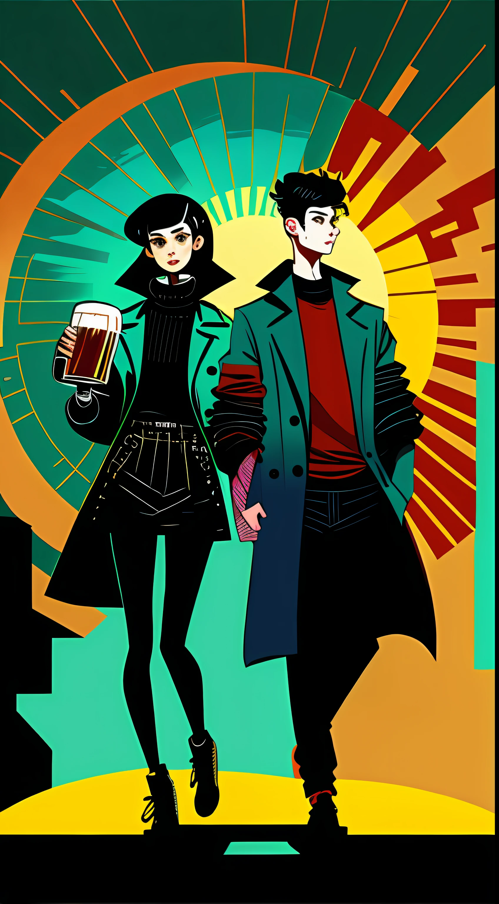 (masterpiece,4K,ultra detali,OriginalPhoto:1.2),illustratio,
(beer mug:1.8),(A young fashionable man and woman drink beer:1),
(simplebackground,Fluorescent teal and black background:1.4),
(symetry:1.2),
(art-deco:1.4),
(retro-futuristic:1.4),
(Maximalism:1.4),
(Cleanliness:1.4),
(Flat_color:1.4),
(sun beam:1),
CCDDA art style