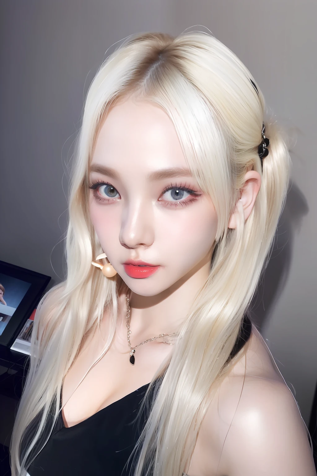 (8k, 4k, best quality, highres, ultra high res:1.1), (masterpiece, realistic, photo-realistic:1.1), 1girl, face, close-up, twintails, blonde hair, black eyes, red lips, (looking at viewer:2), absurdly long hair, long eyelashes, eyeshadow, small face, big eyes,
bare shoulders,
high contrast,