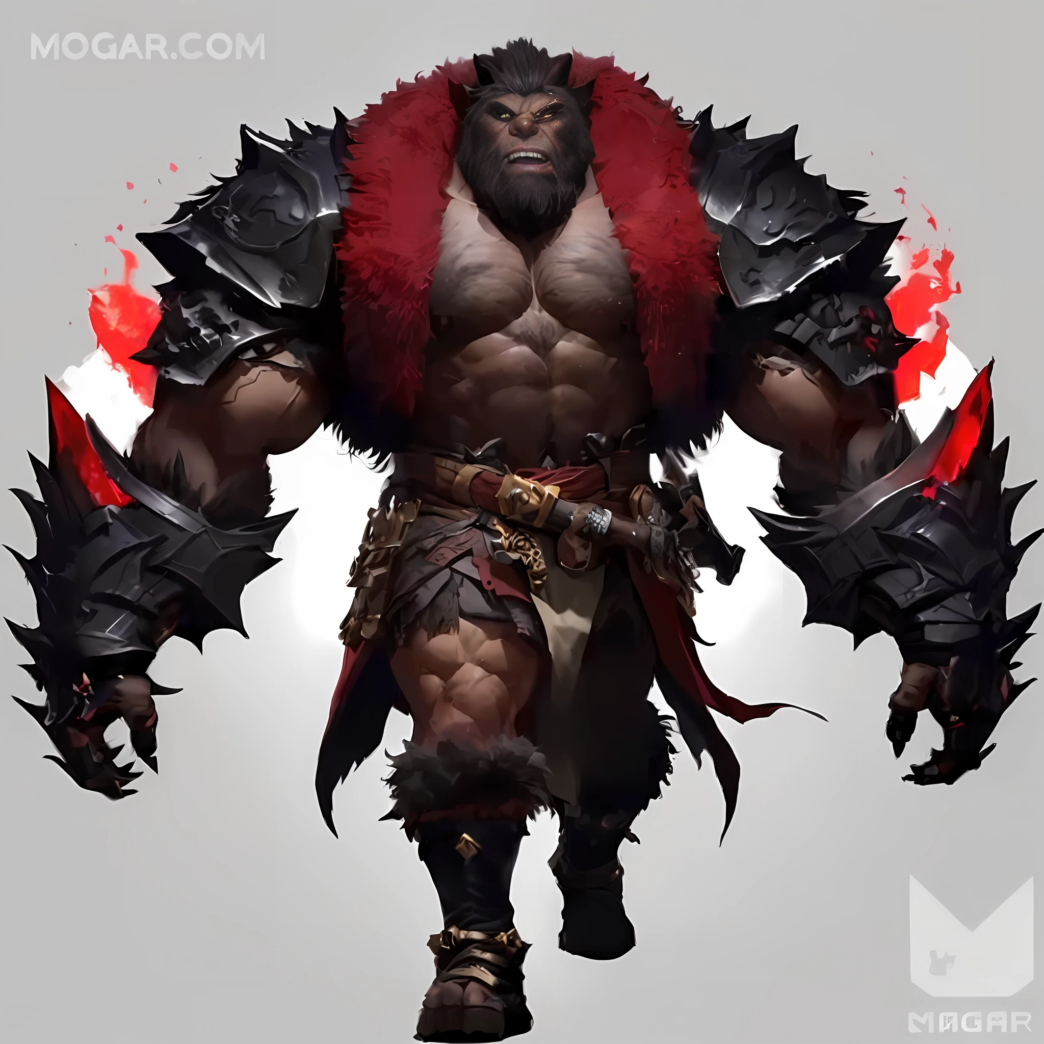 a man with a red beard and a red cape holding two large claws, beastman concept, fur-clad barbarian goliath, by Yang J, muscular werewolf, high quality character design, amazing 8k character concept art, Barbarian, by Feng Zhu, a minotaur wolf, demon berserker, berserker potrait, monster character design, orc themed