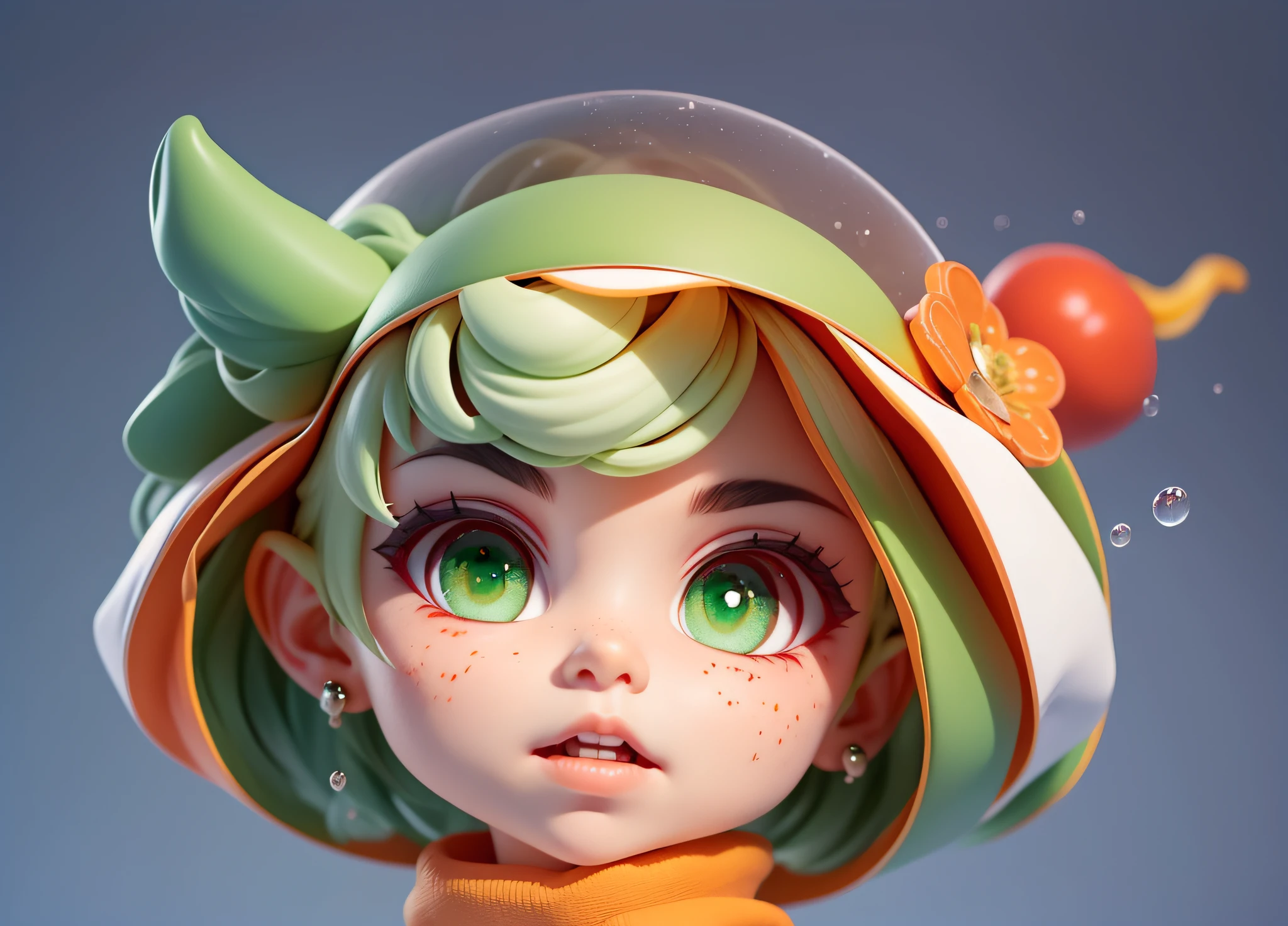 Red pepper on the head,Gray hair,Orange hairpins,Only the head,Bubble Mart,White pure background,large green eyes,Orange-red stud earrings,Big green eyes,Gray hair,IP image,Only the head