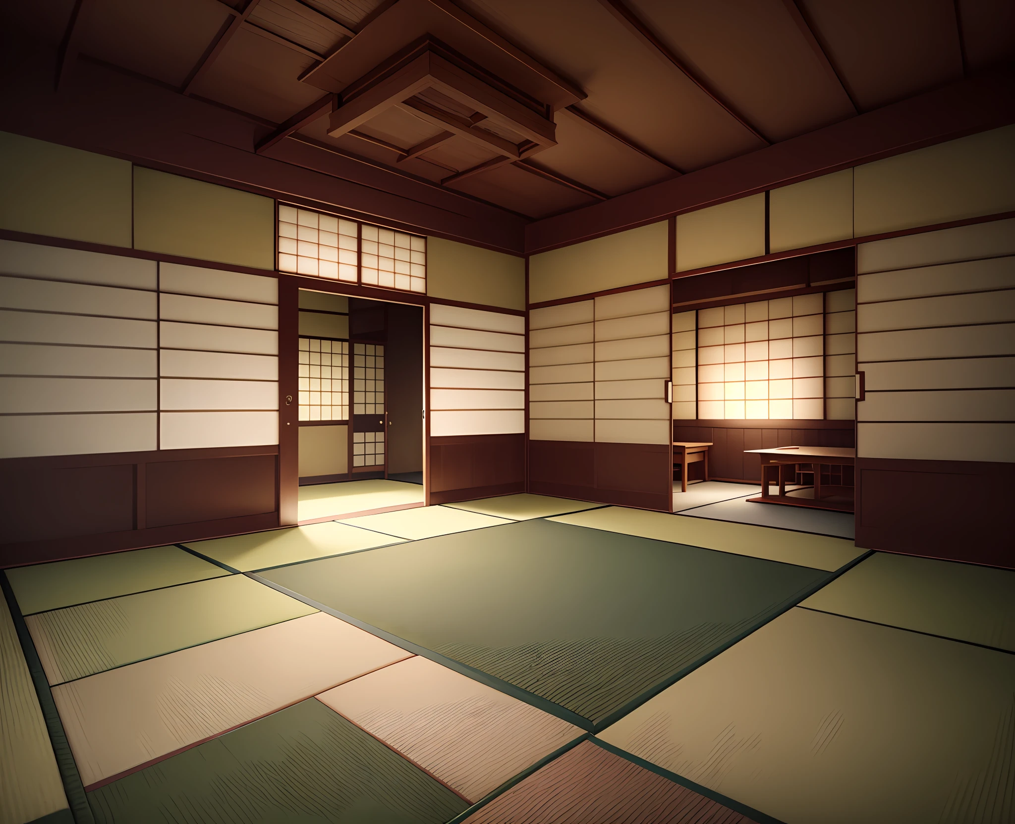 there is a room with a tata screen and a table, tatami galaxy, in a dojo, japanese house, Japanese style, by Shūbun Tenshō, inspired by Shūbun Tenshō, by Gusukuma Seihou, by Taiyō Matsumoto, inspired by Gusukuma Seihō