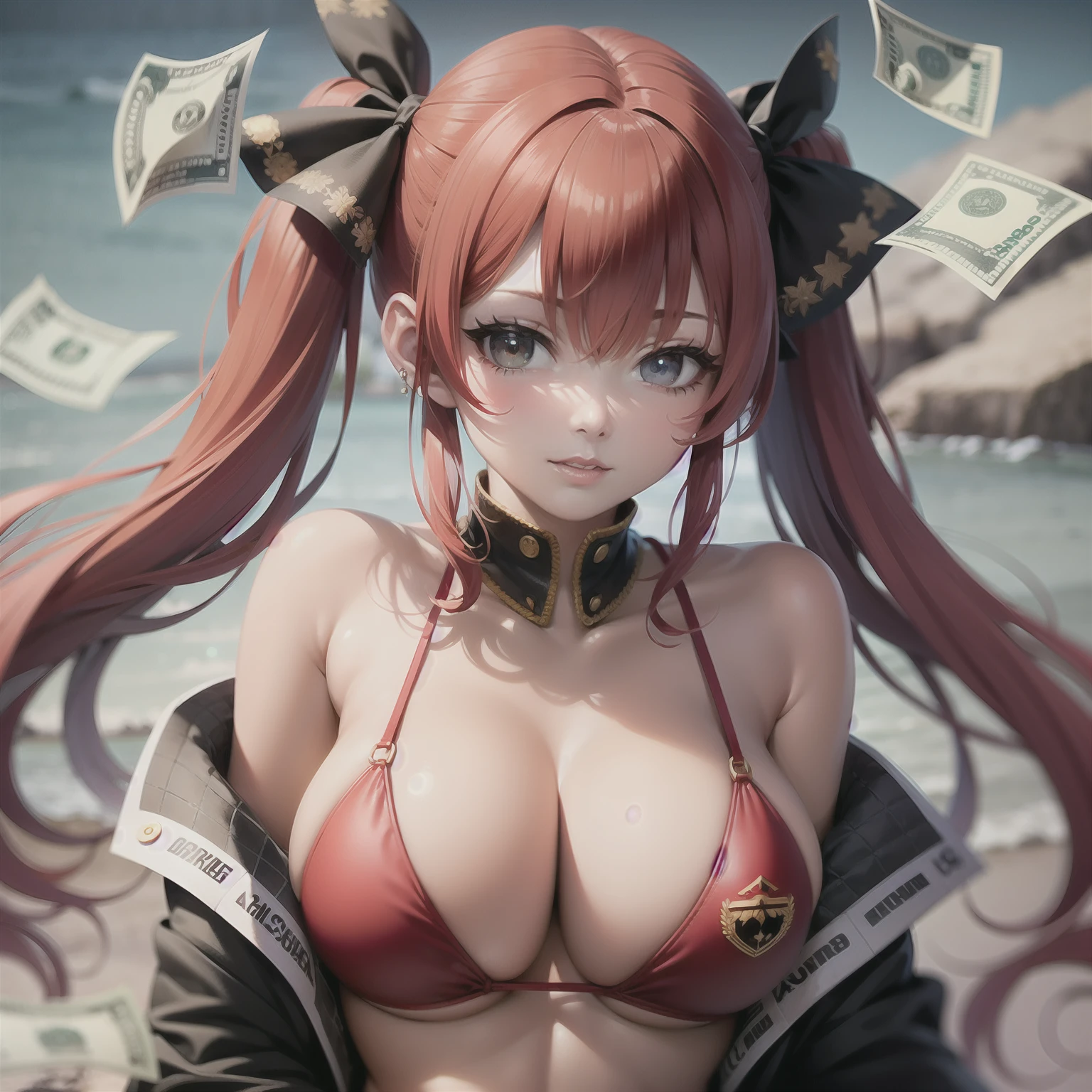 houshou marine, bikini, large breasts, twintails, red hair, money in between breasts