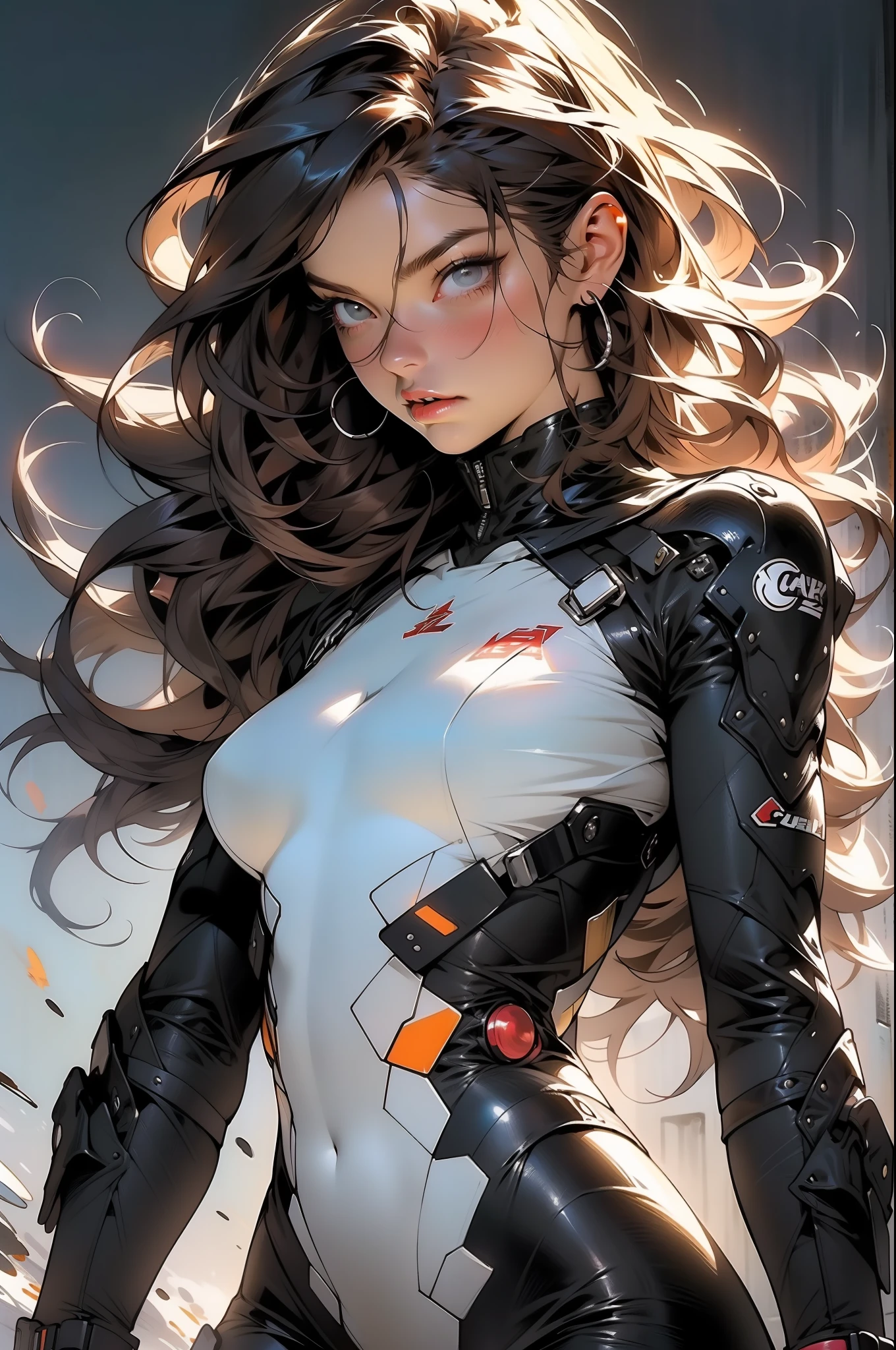 Nijistyle, ((( corpo inteiro ))), Uma guerreira mulher de 35 anos musculosa quase nua no estilo Simon Bisley para a capa da revista Heavy Metal, ((( cabelo curto ondulado loiro ))), Minimum clothing, roupas curtas, checkered on the arms, bionic hand