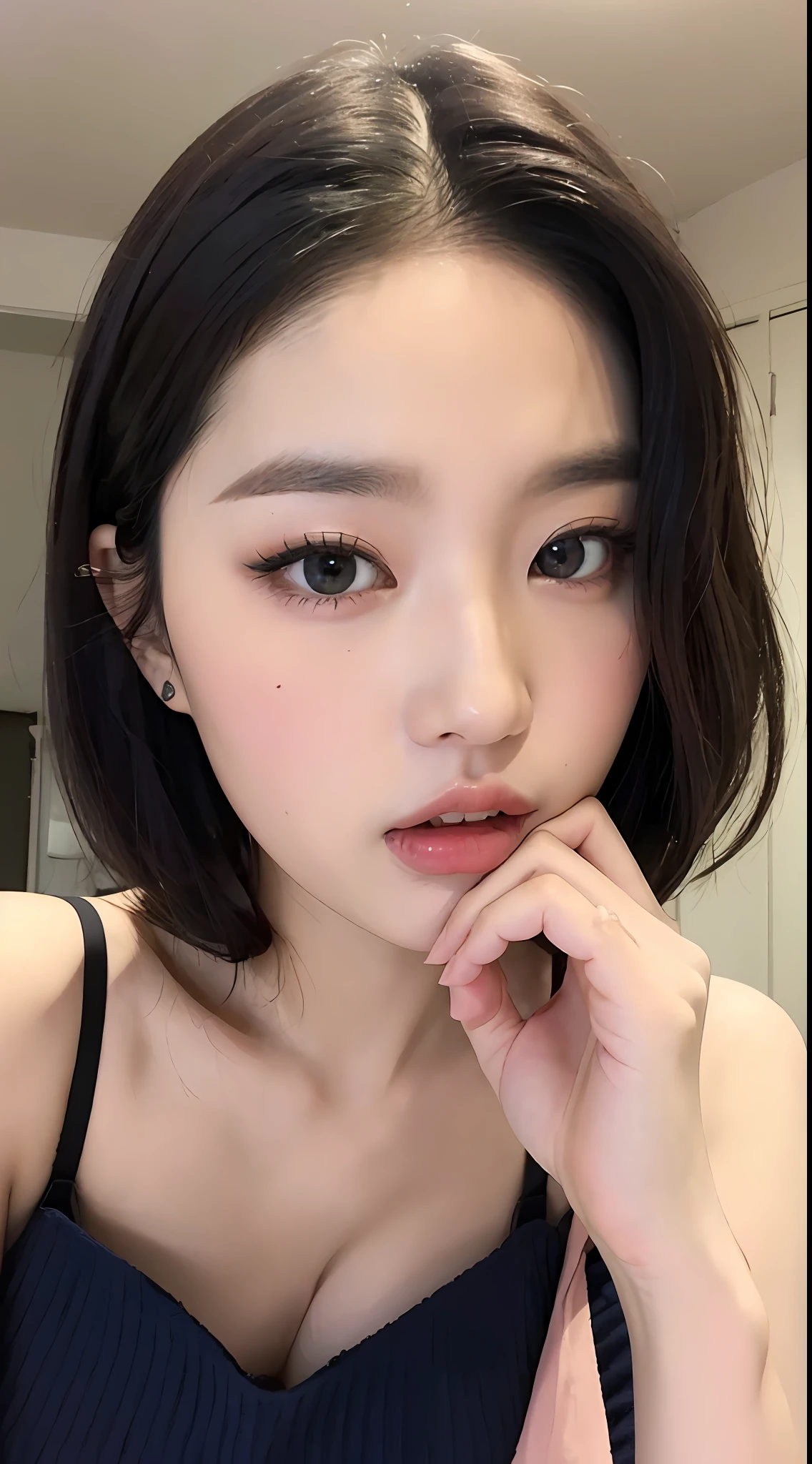 ((品质最佳, 8K, 巨作 :1.3)), Sharp focus :1.2, ((short shoulder length hair:1.2)), (ta costume:1.1 ), (inside room:1.2), Highly detailed facial and skin texture, detailed eye, 双眼皮，Close-up，Seductive expressions，Eyes are confused，Flushed complexion，Lewdness，