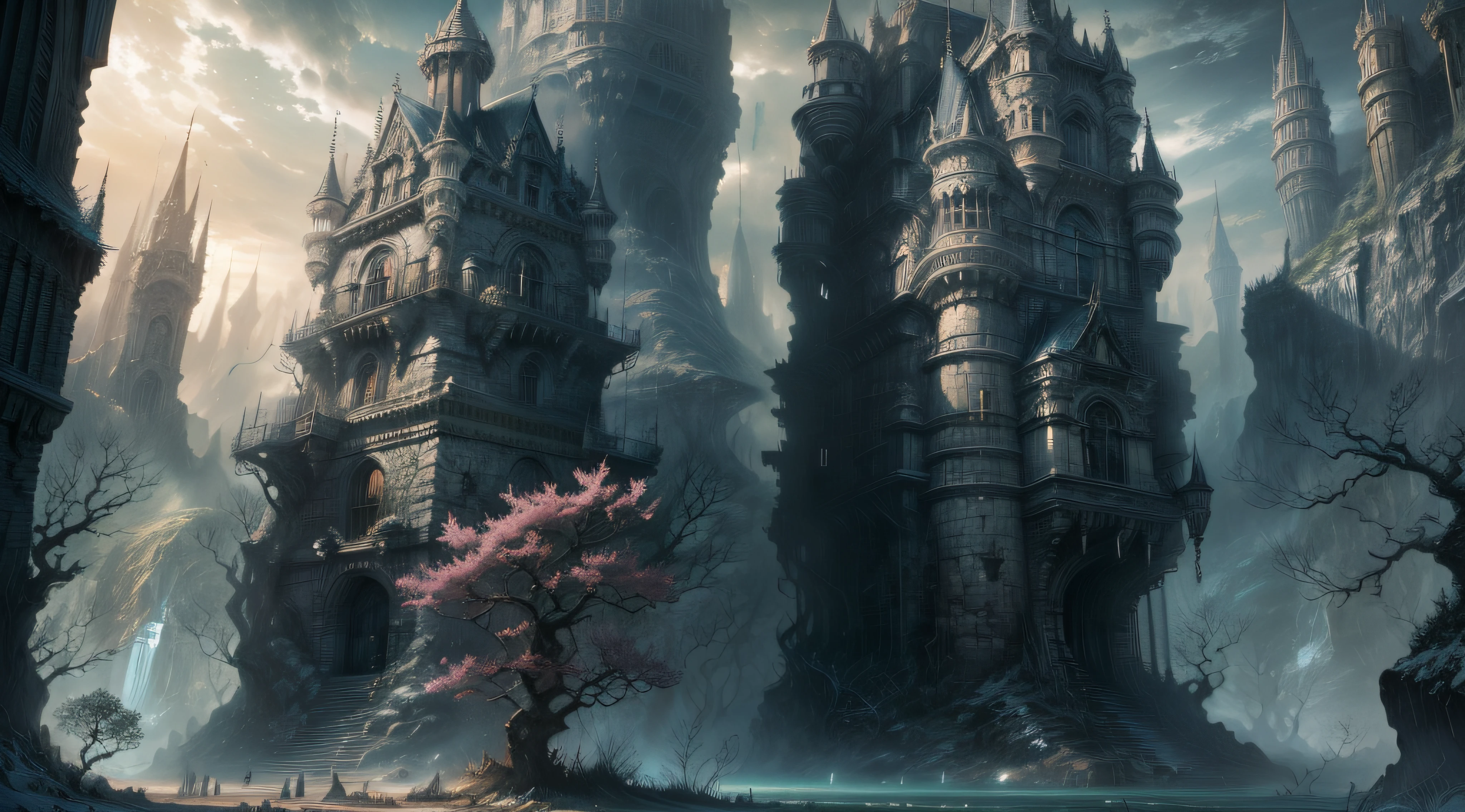 pintura de uma aldeia de montanha com uma cachoeira e pagodes, Style of Art Digital of Epic Fantasy, cidade fortaleza de montanha, estilo andreas rocha, arte digital de fantasia de fantasia detalhada, Symmetrical Epic Fantasy Art, arte de fantasia 4k, castelo antigo cyberpunk, inspirado por Andreas Rocha, por Yang J, paisagem de fantasia impressionante, arte de fantasia detalhada, paisagem de arte de fantasia, arte de fantasia altamente detalhada, sky with clouds, sol,