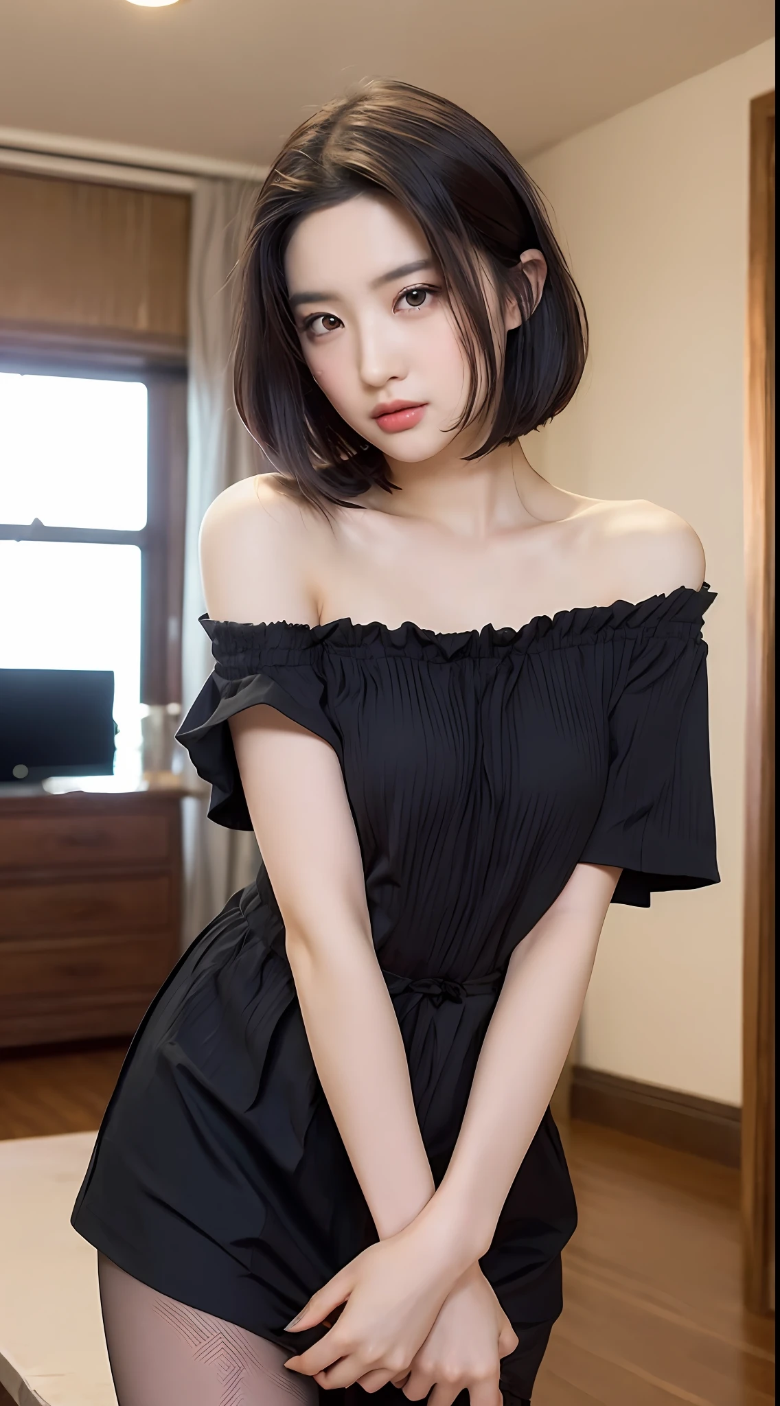 ((品质最佳, 8K, 巨作 :1.3)), Sharp focus :1.2, ((short shoulder length hair:1.2)), (Lolita costume:1.1 ), (inside room:1.2), Highly detailed facial and skin texture, detailed eye, 双眼皮，Close-up，Seductive expressions，Eyes are confused，Flushed complexion，Lewdness，