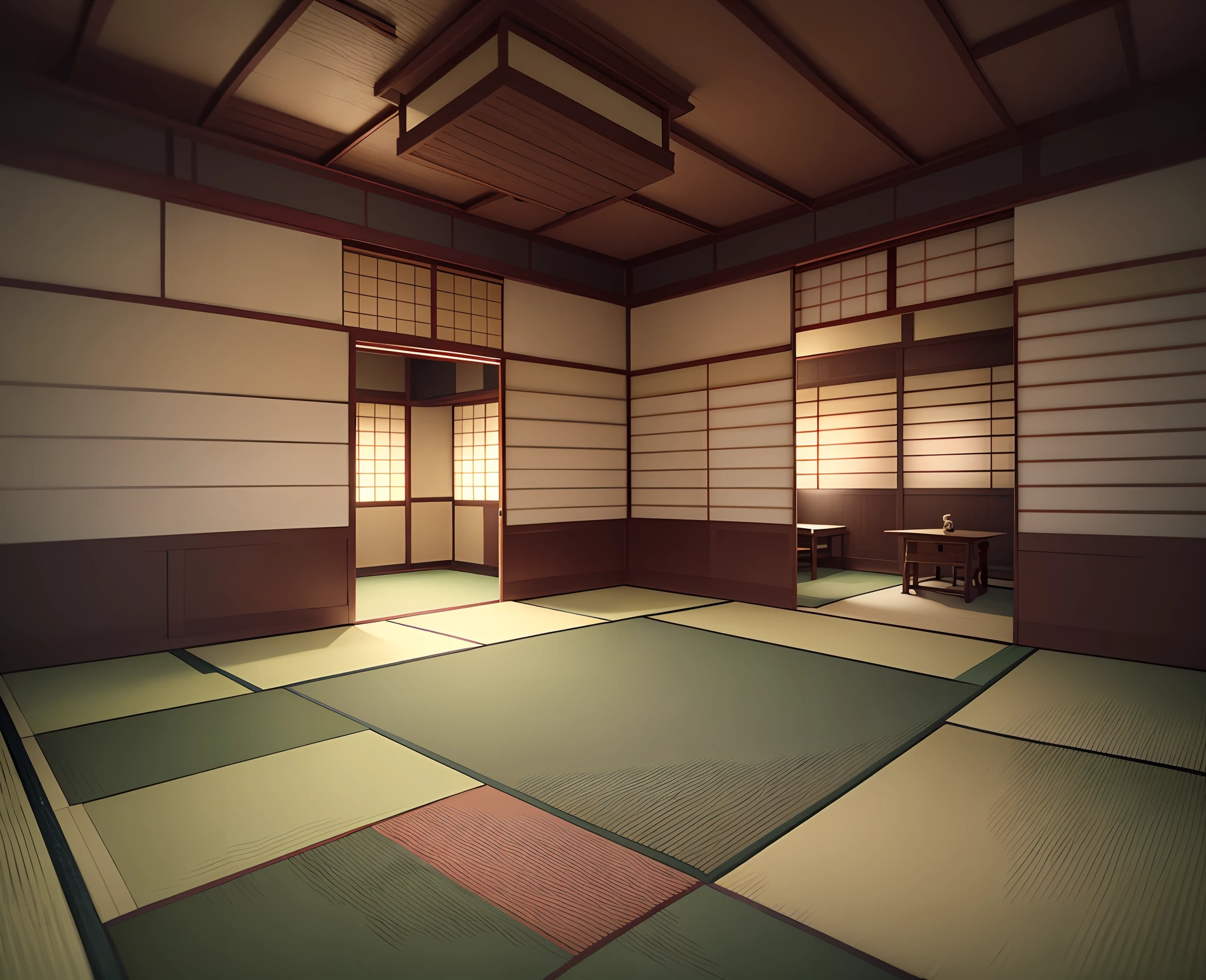there is a room with a tata screen and a table, tatami galaxy, in a dojo, japanese house, Japanese style, by Shūbun Tenshō, inspired by Shūbun Tenshō, by Gusukuma Seihou, by Taiyō Matsumoto, inspired by Gusukuma Seihō