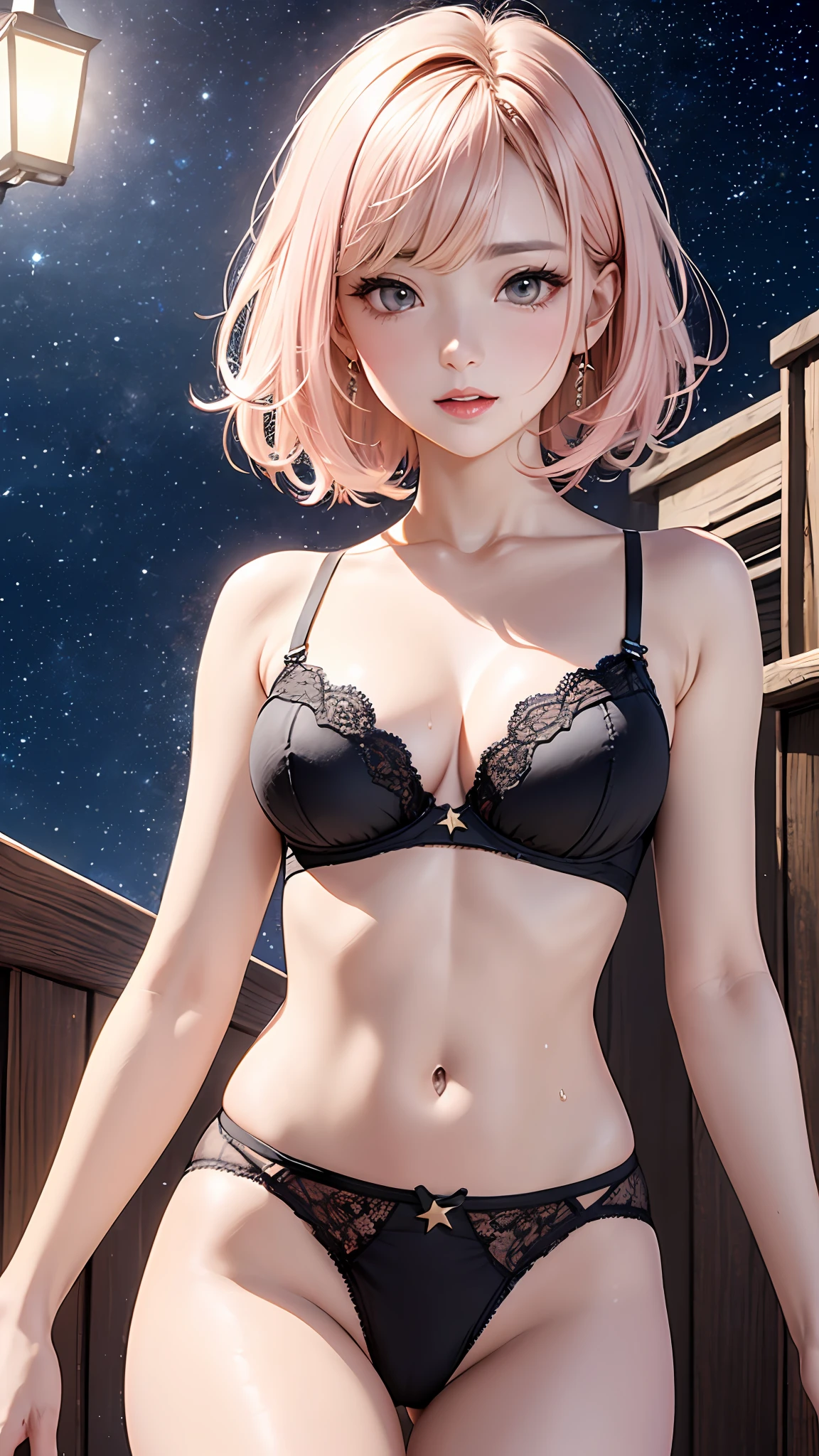 ((of the highest quality、8K、Masterpieces:1.3))、Sharp Focus:1.2、A beautiful woman with perfect body:1.4、Slim abdomen:1.2、((Layered Haircut、Big Tits:1.2))、(Small beautiful hard) 、(Salmon pink string underwear:1.3)、(Fantastic background with stars in the night sky:1.2)、(wet body:1.1)、Highly detailed face and skin texture、 Detailed eyes、双眼皮、Have appeal、