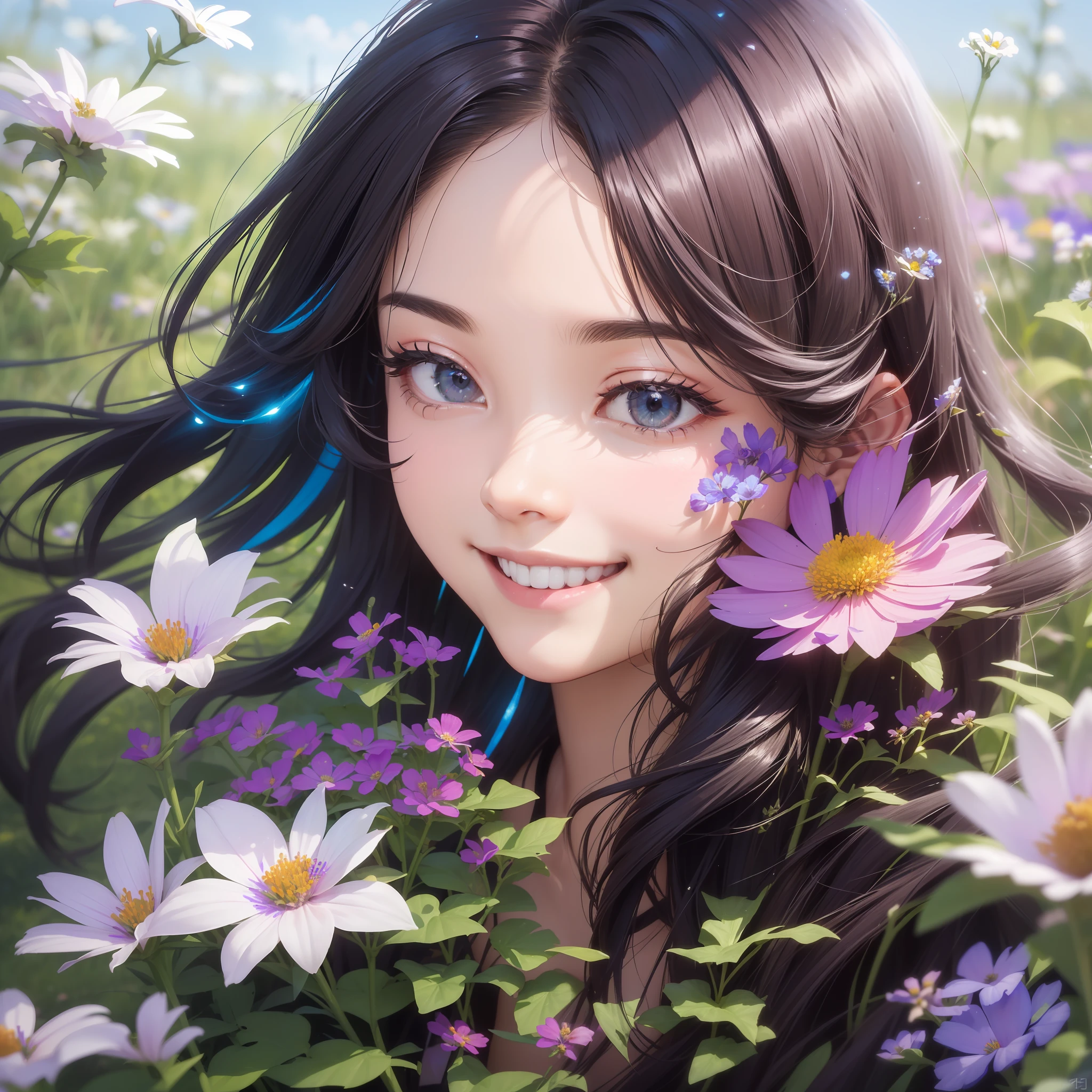 beste-Qualit、Super-High Resolution、(a photorealistic:1.2)、(a smile:1.4)elegent(windblown:1.2)(doress:1.2)The 24-year-old Asian actress wears、Millions(Multi-colored wildflowers:1.6)、detailed face with、(独奏:1.4)、(blows wind:1.2)The hair、、mix4、(face lights:1.4)