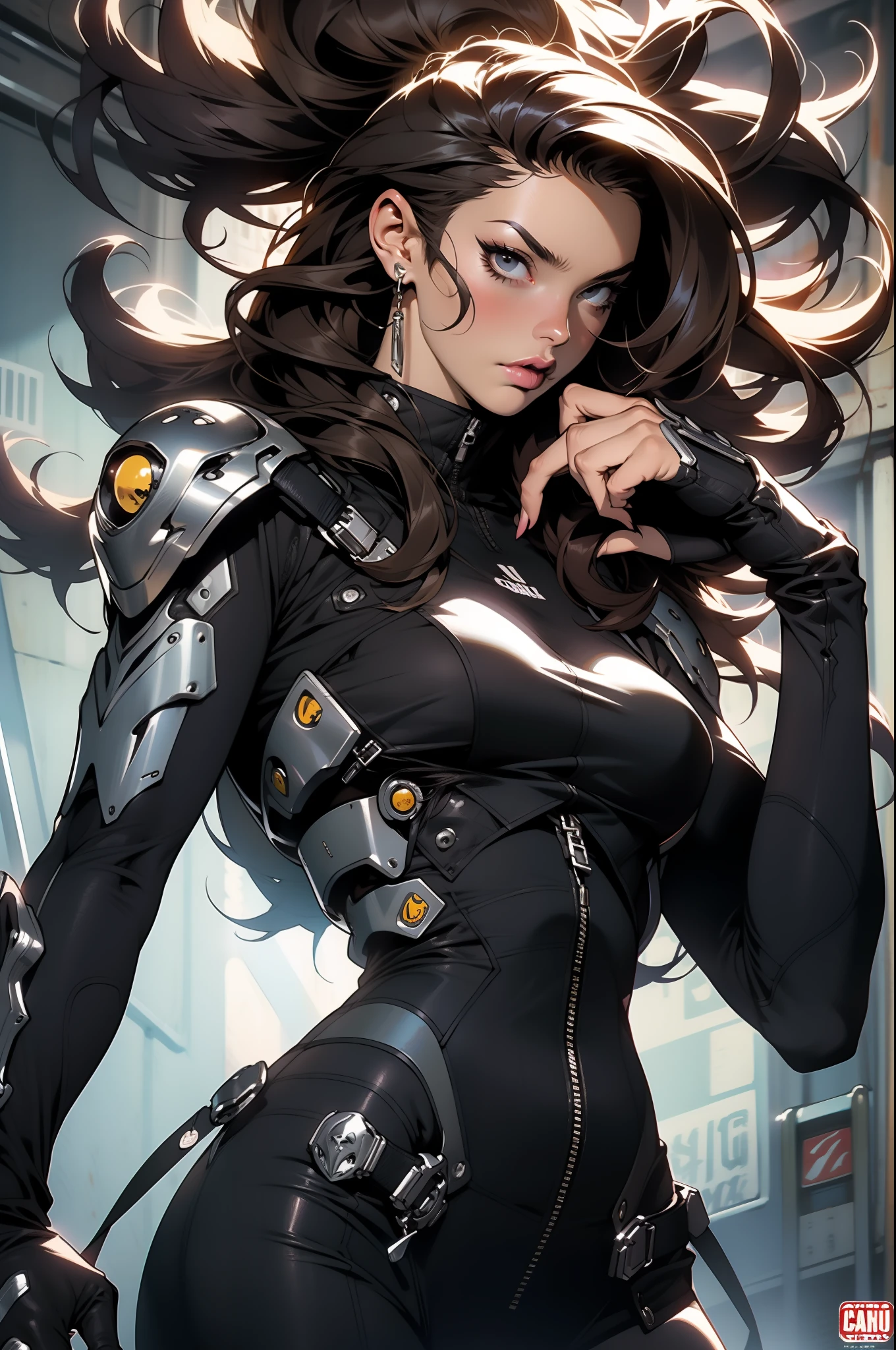 Nijistyle, ((( corpo inteiro ))), Uma guerreira mulher de 35 anos musculosa quase nua no estilo Simon Bisley para a capa da revista Heavy Metal, ((( cabelo curto ondulado loiro ))), Minimum clothing, roupas curtas, checkered on the arms, bionic hand