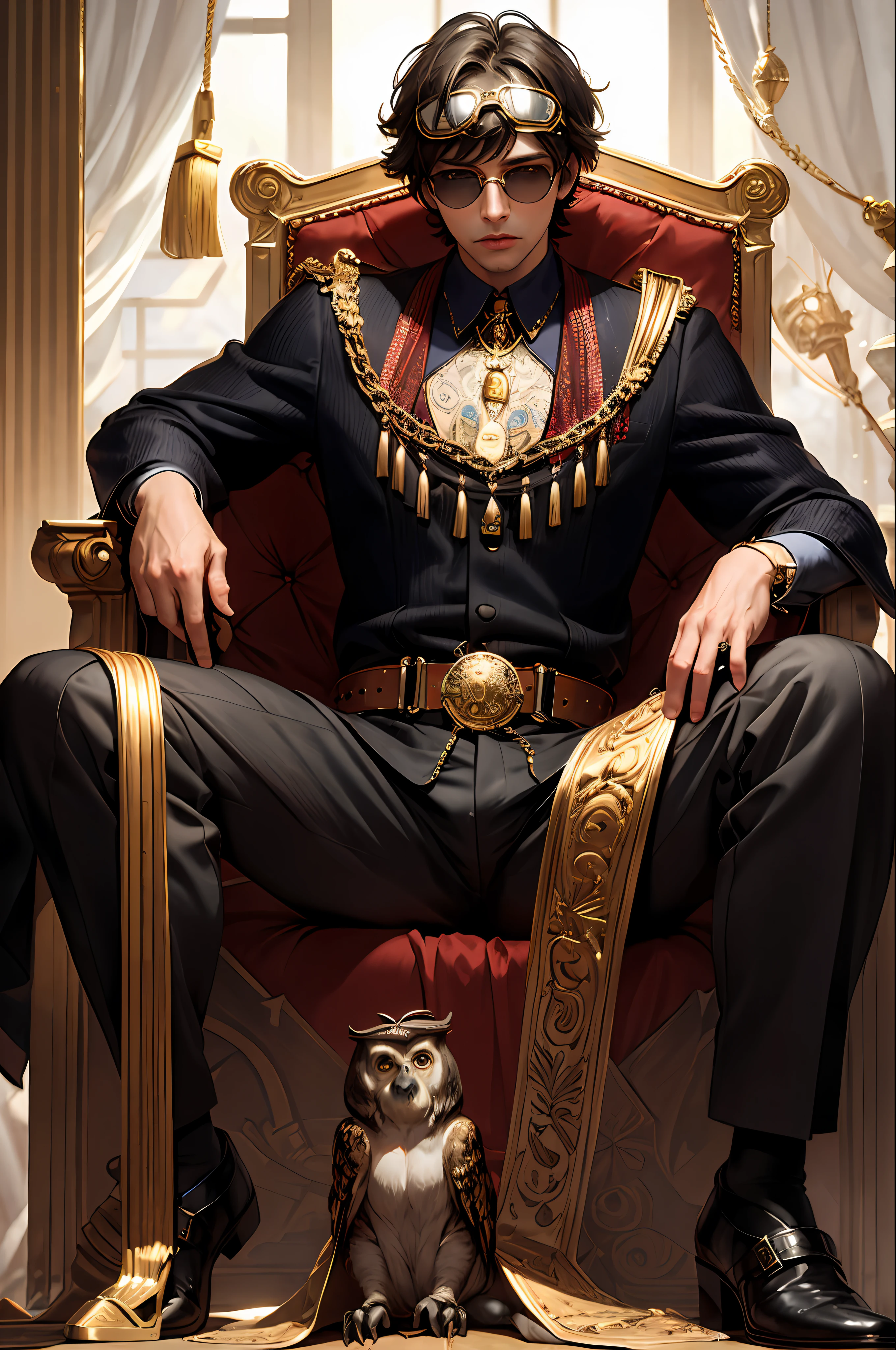 masterpiece, best quality, photorealistic ,fashionmonkey, gorilla, eyewear on head, gears, gem, goggles , gold, jewelry, magic circle,male_focus, owl, pants, shoes, sunglasses, tassel, throne,